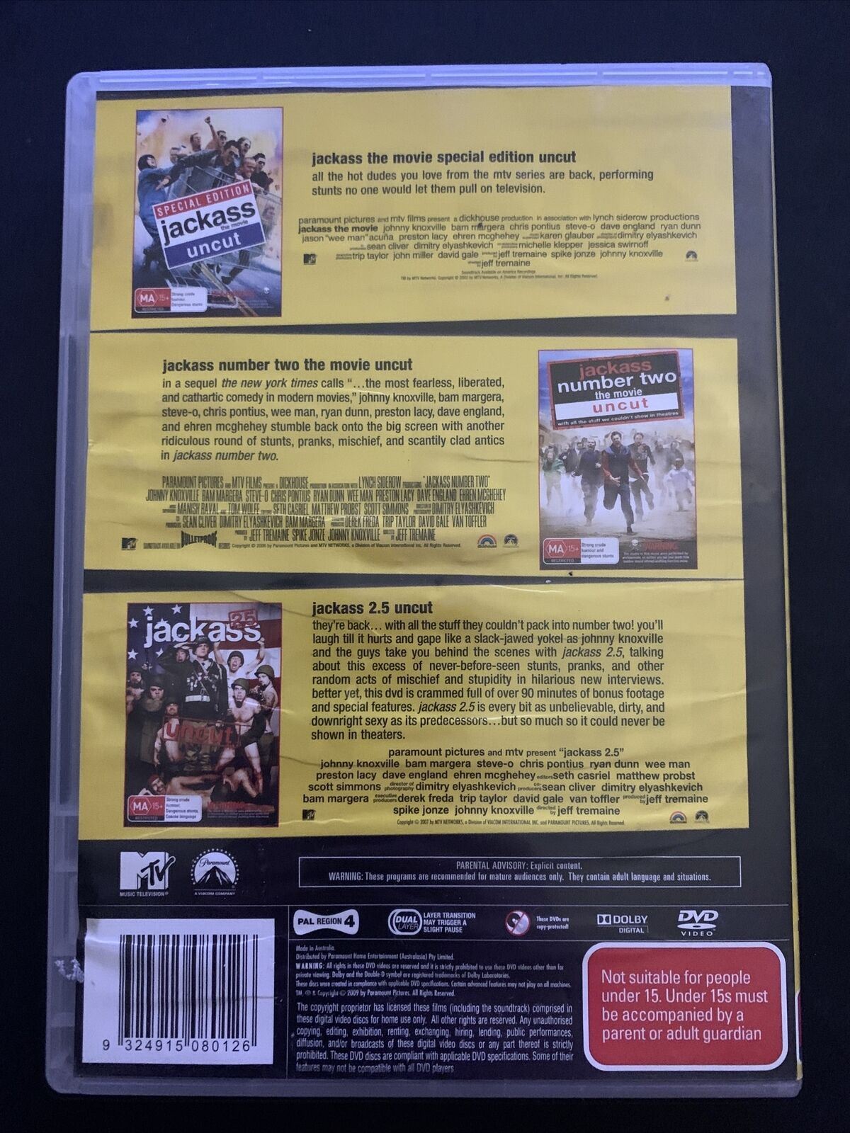 Jackass Trilogy Movie Collection Uncut 1, 2, 2.5 (DVD) Johnny Knoxville Region 4