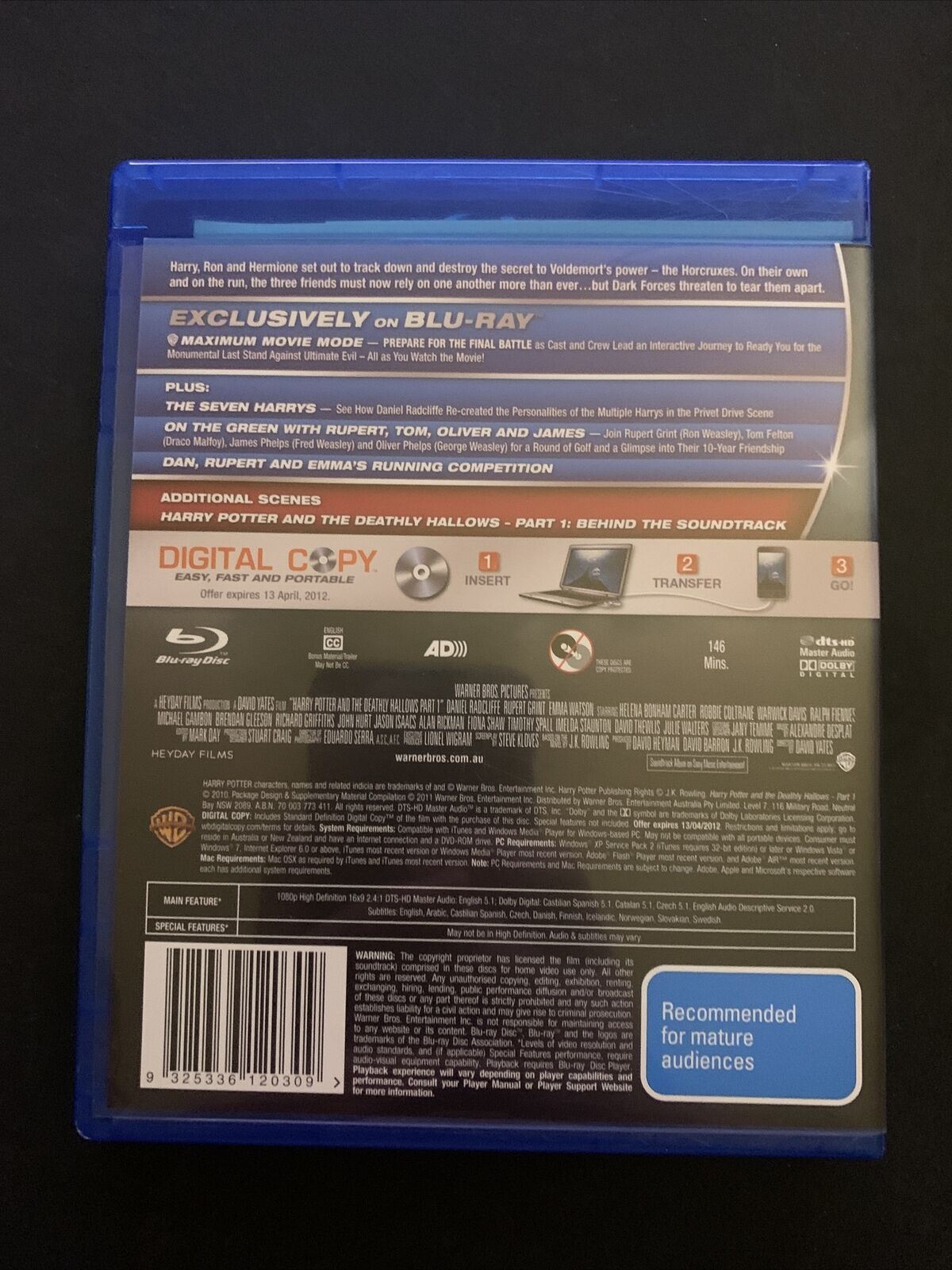 Harry Potter And The Deathly Hallows : Part 1 (Blu-ray + DVD, 2011, 2-Disc Set)