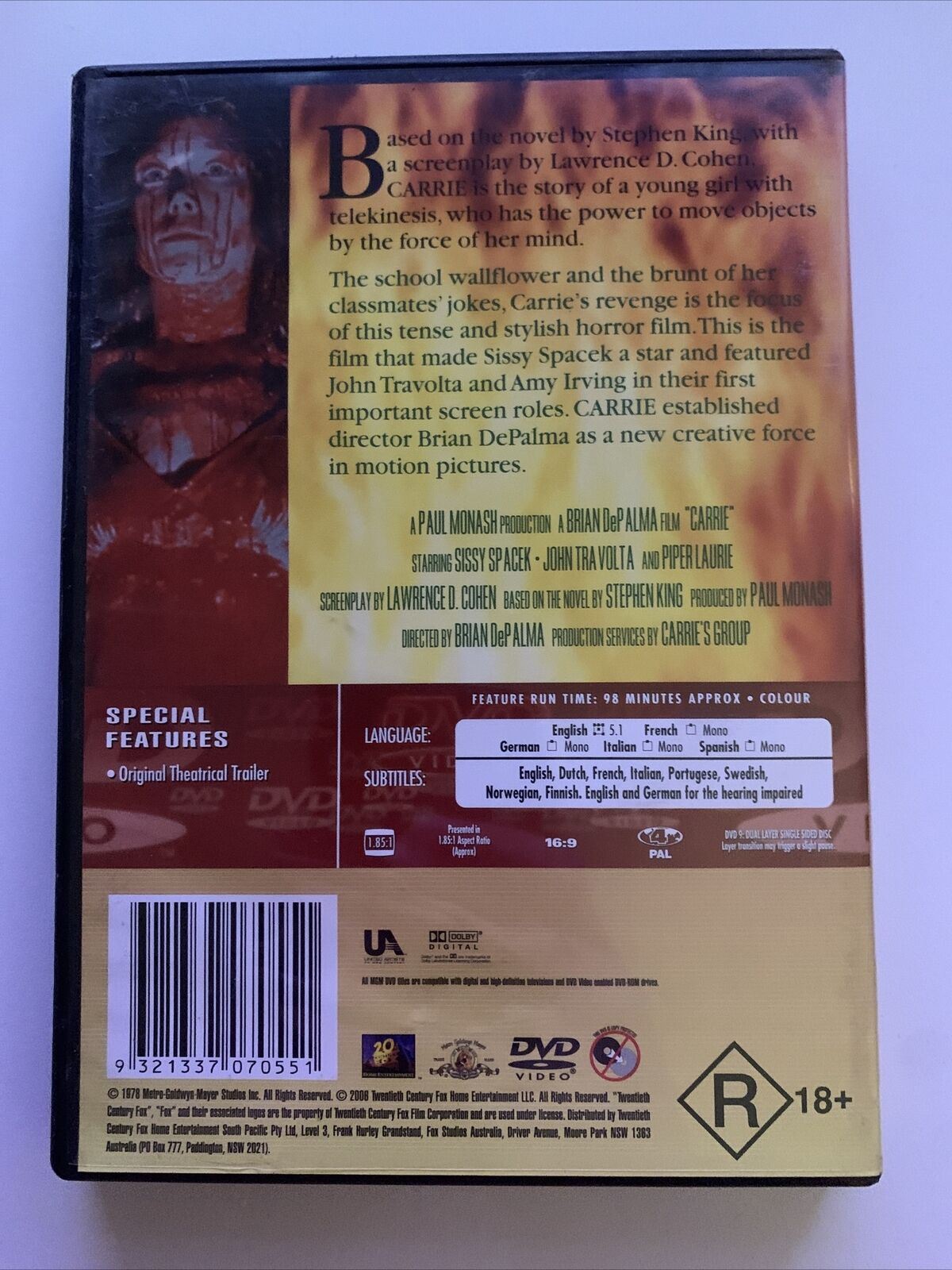 Carrie (DVD, 1976) Sissy Spacek, John Travolta, Piper Laurie. Region 4 & 2