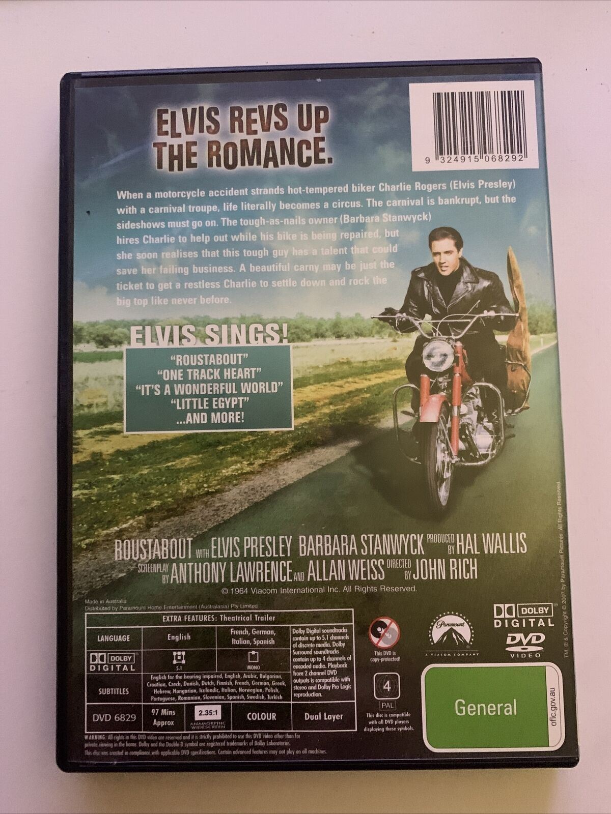 Roustabout (DVD) Elvis Presley, Barbara Stanwyck, Joan Freeman. Region 4,2