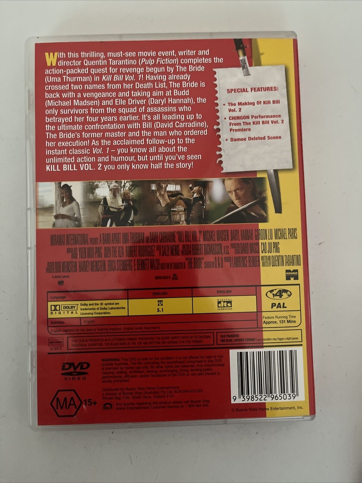 Kill Bill : Vol 1 & 2 (DVD, 2004) Quentin Tarantino Film. Uma Thurman. Region 4