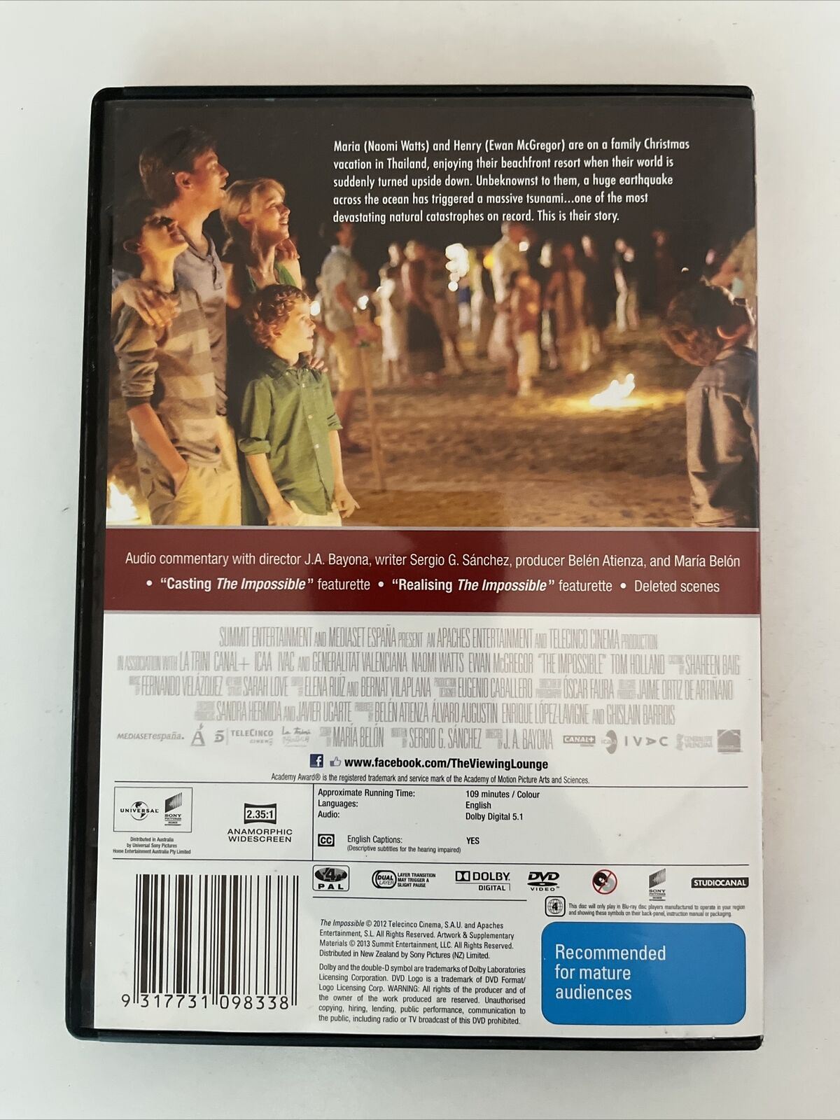 The Impossible (DVD, 2012) Naomi Watts, Ewan McGregor, Tom Holland. Region 4