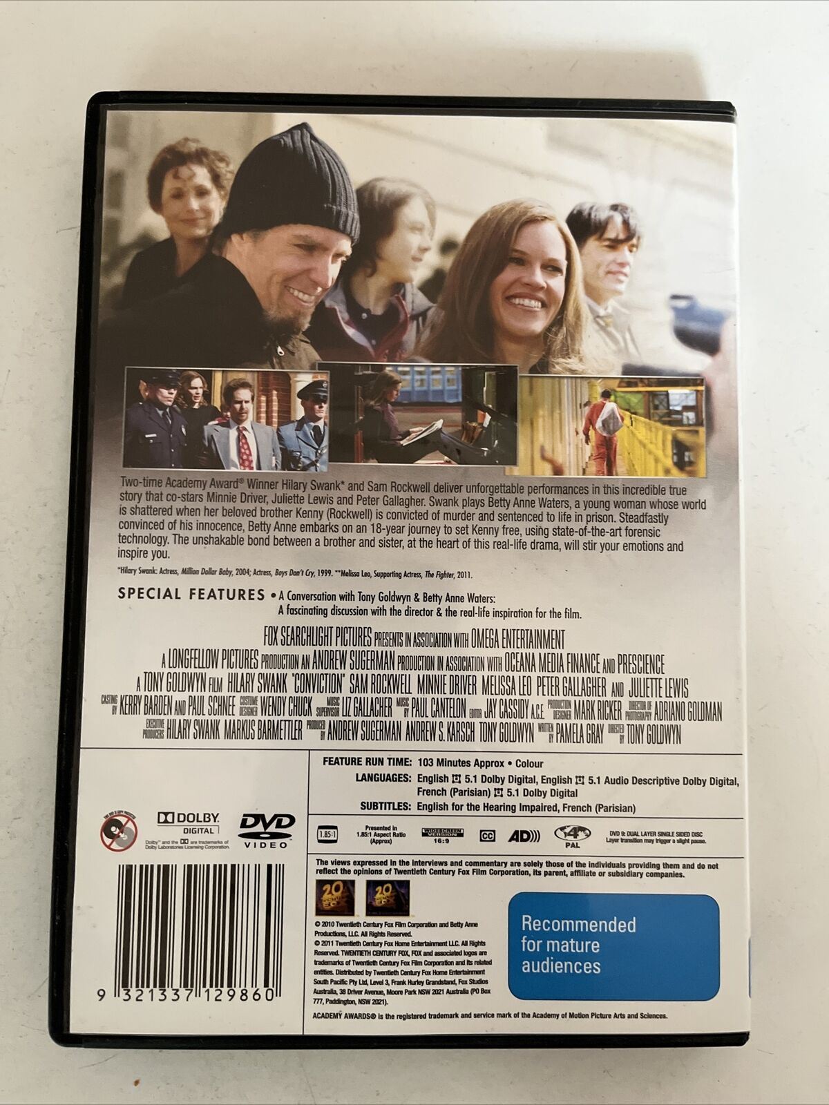 Conviction (DVD, 2010) Hilary Swank, Sam Rockwell. True Story Film. Region 4