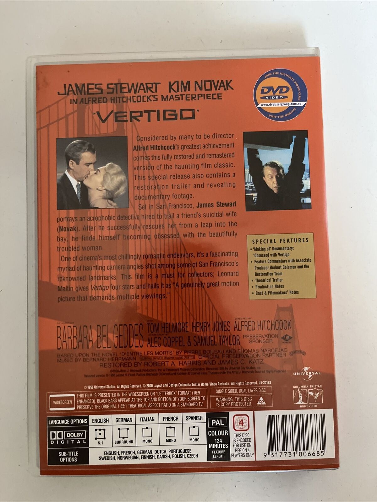Vertigo (DVD, 1958) James Stewart, Kim Novak. Alfred Hitchcock Film. Region 4
