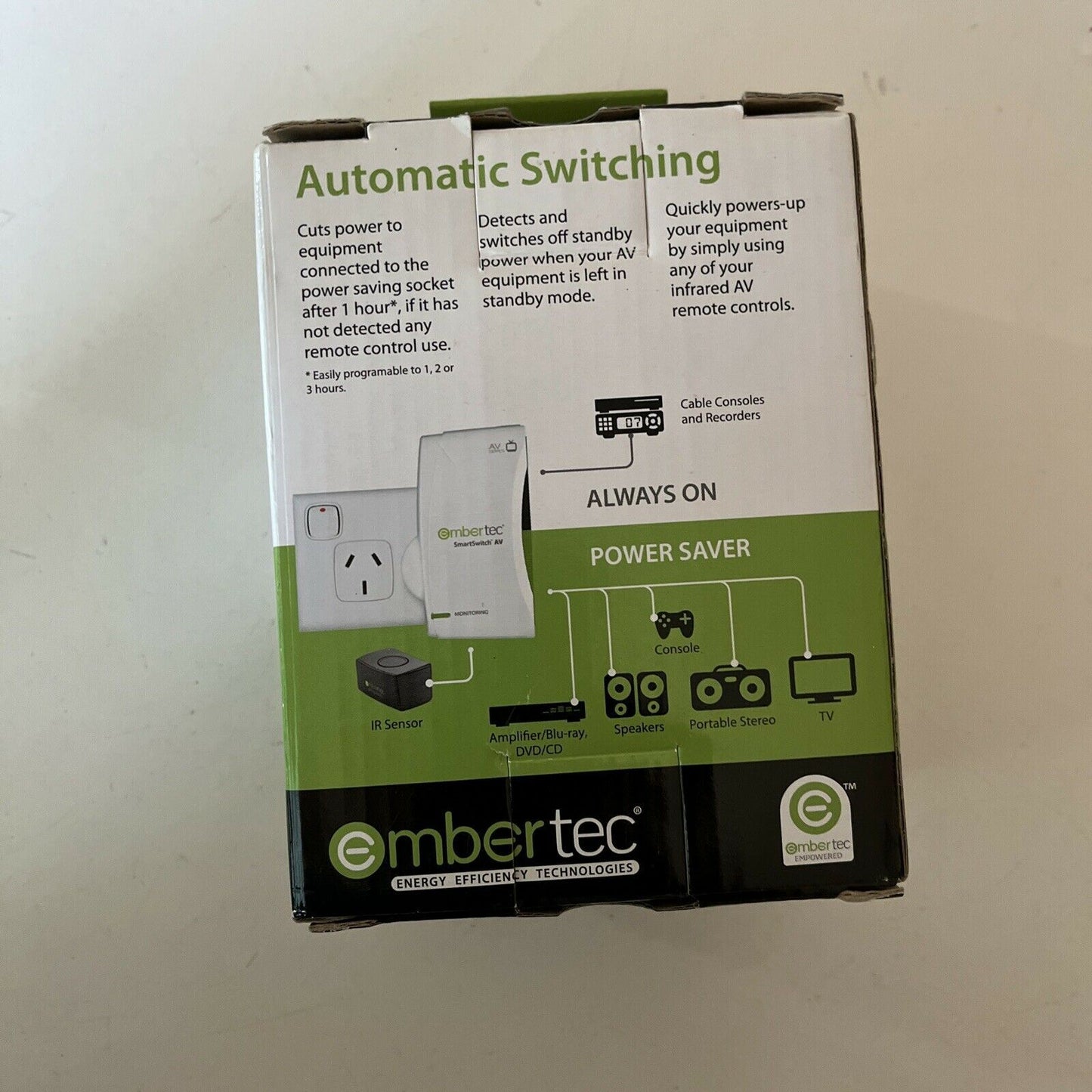 NEW Embertec SmartSwitch AV EmbertecAV-ET-01 Auto Power Saving Automatic Smart