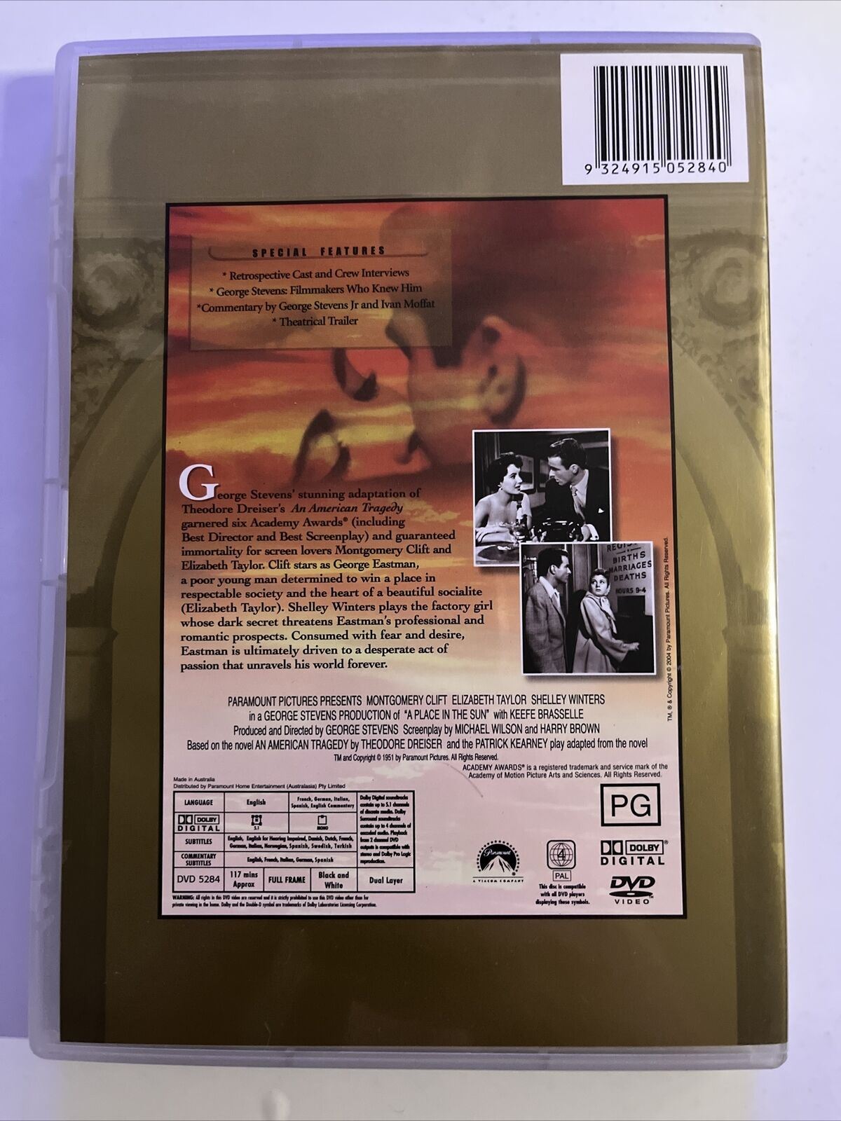 A Place In The Sun (DVD, 1951) Montgomery Clift, Elizabeth Taylor. Region 4