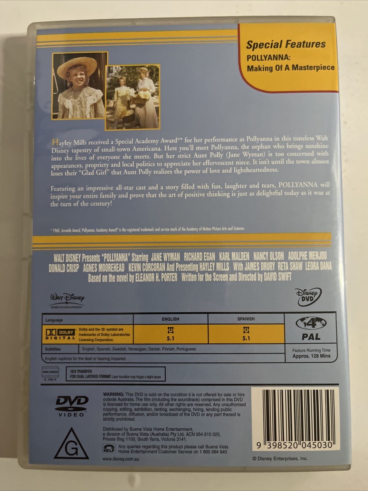 Pollyanna (DVD, 1960) Hayley Mills, Jane Wyman, Richard Egan. Disney Region 4