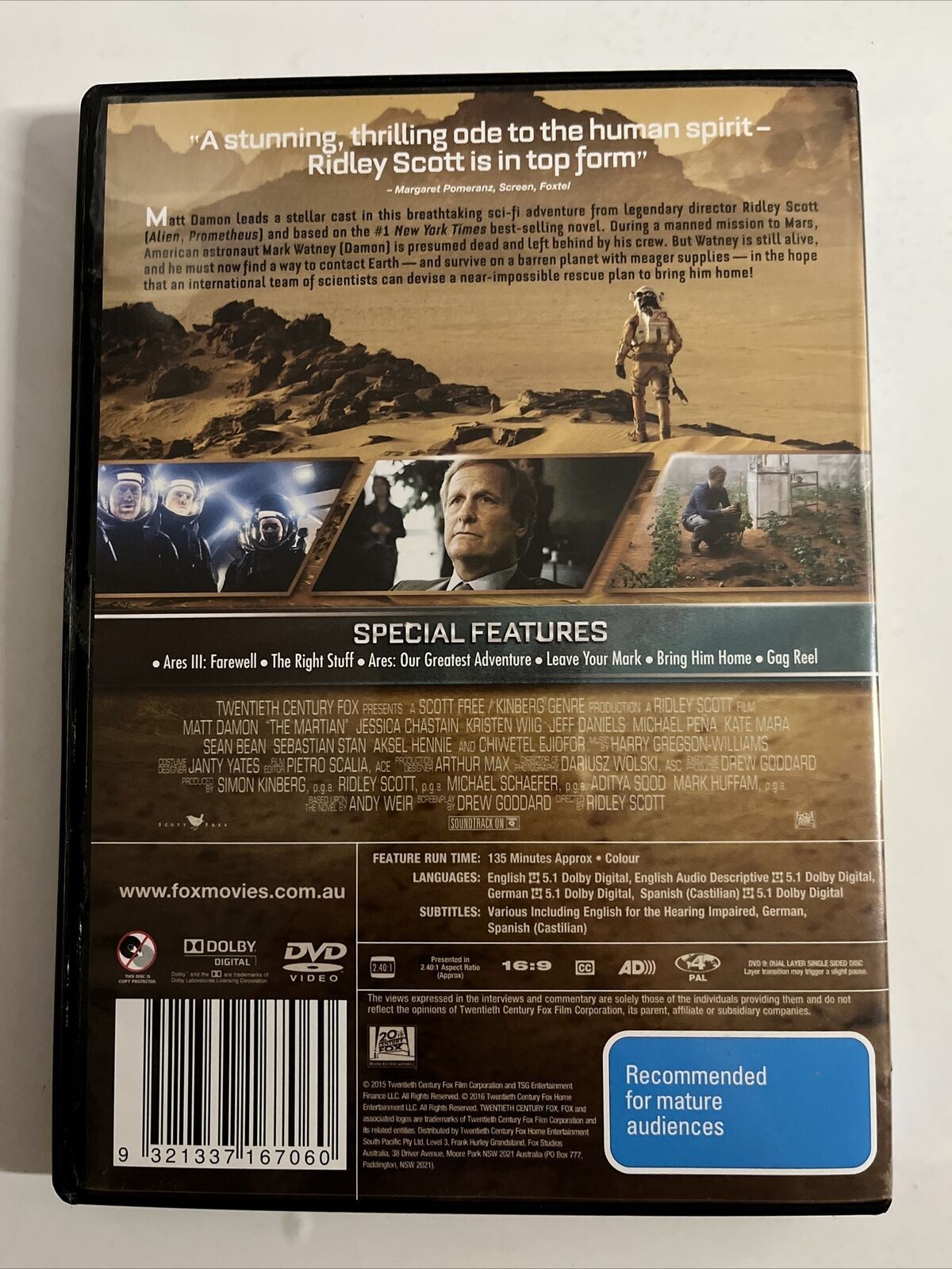 The Martian (DVD, 2015) Matt Damon, Jessica Chastain, Kristen Wiig. Region 4