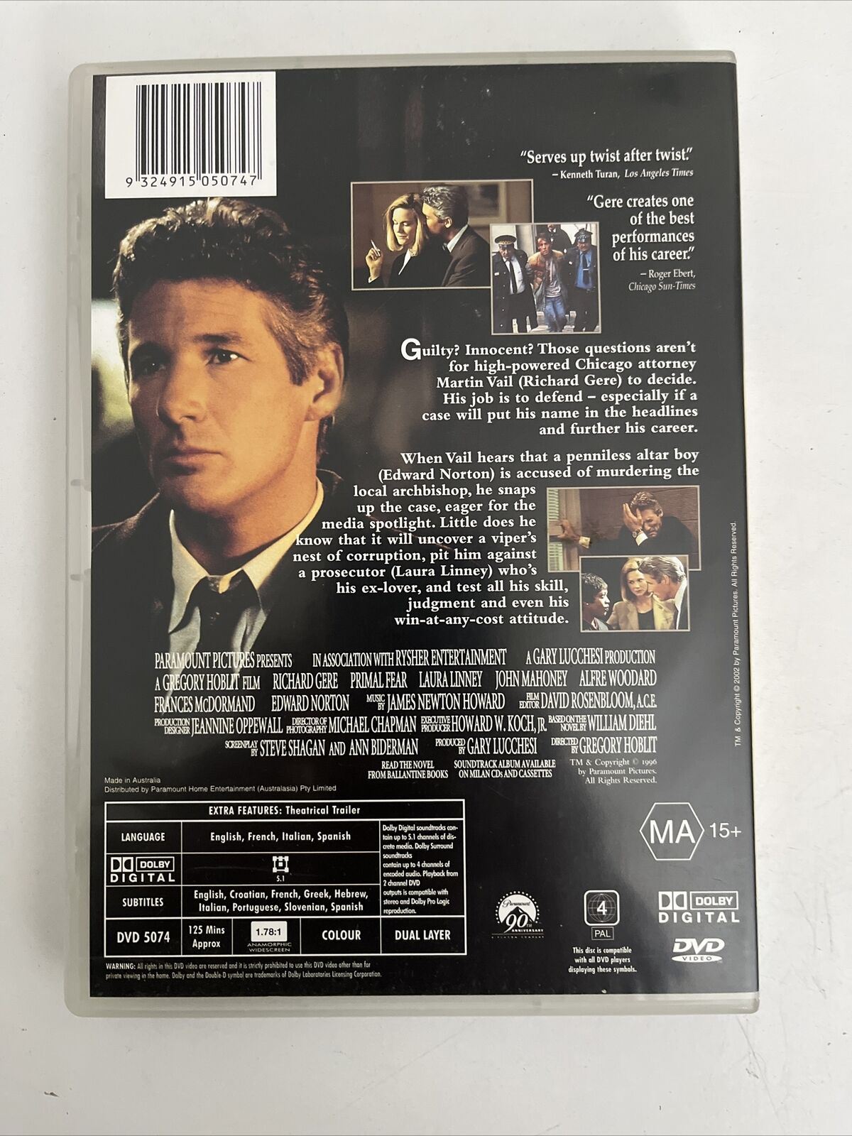Primal Fear (DVD, 1996) Richard Gere, Laura Linney, Edward Norton. Region 4 NEW