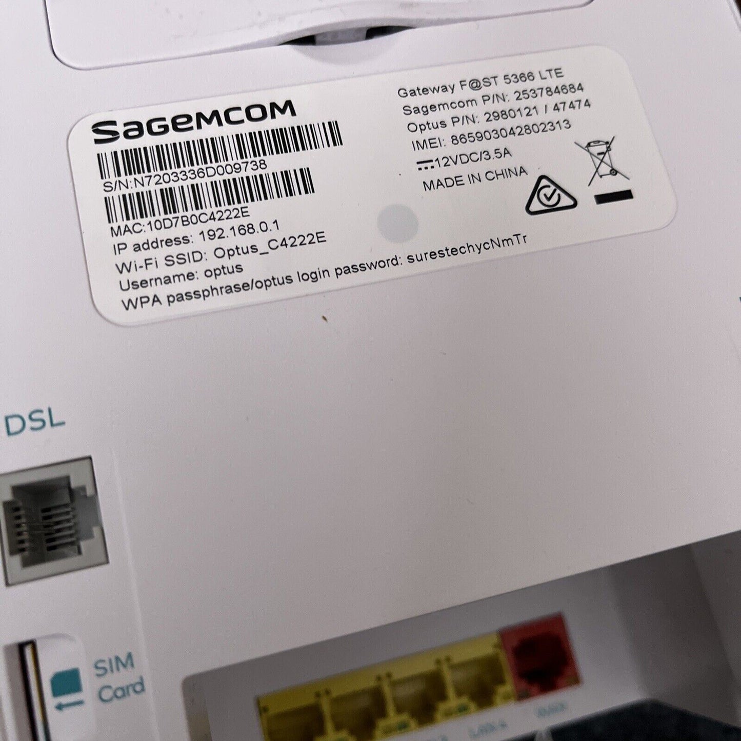 Optus Sagemcom Gateway Fast 5366 LTE 4G Backup WIFI Router