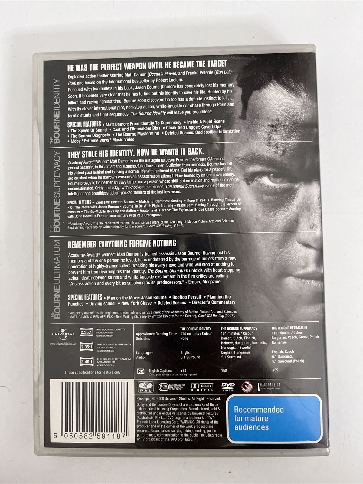 The Bourne Identity / Supremacy / Ultimatum (DVD, 3-Disc Set) Matt Damon Region4