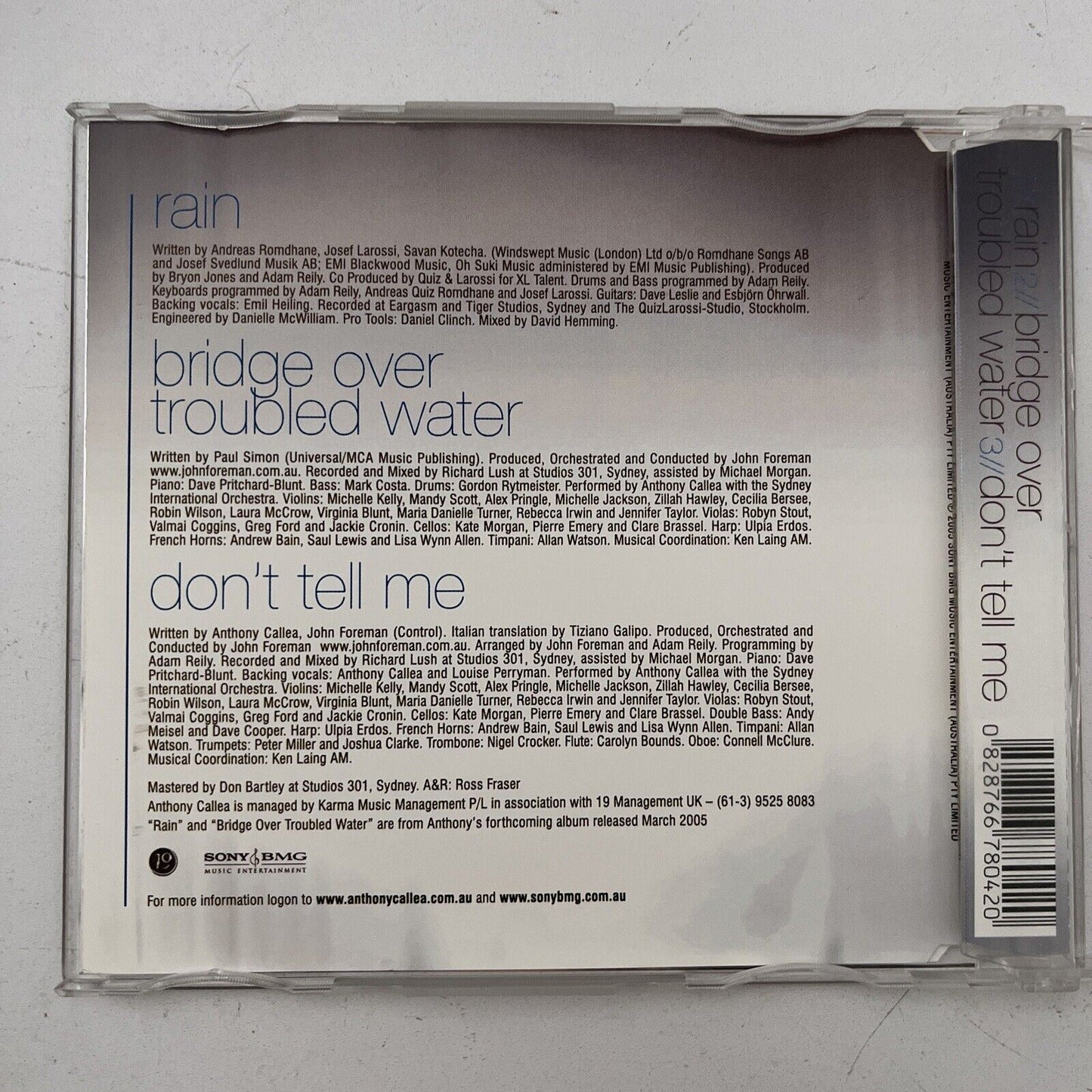 Anthony Callea – Rain / Bridge Over Troubled Water (CD, 2005)