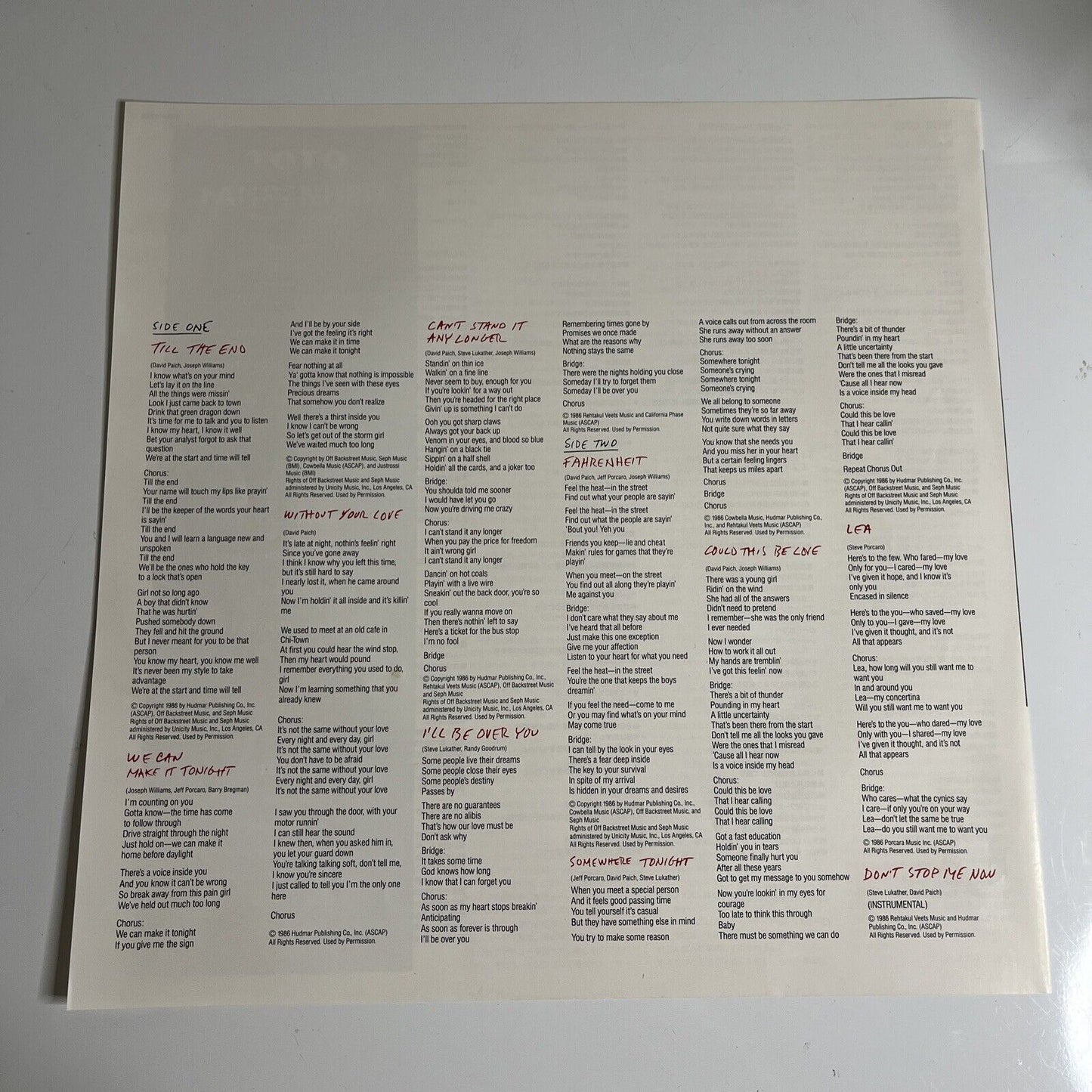 Toto – Fahrenheit LP 1986 Vinyl CBS Sony Records 28AP 3222