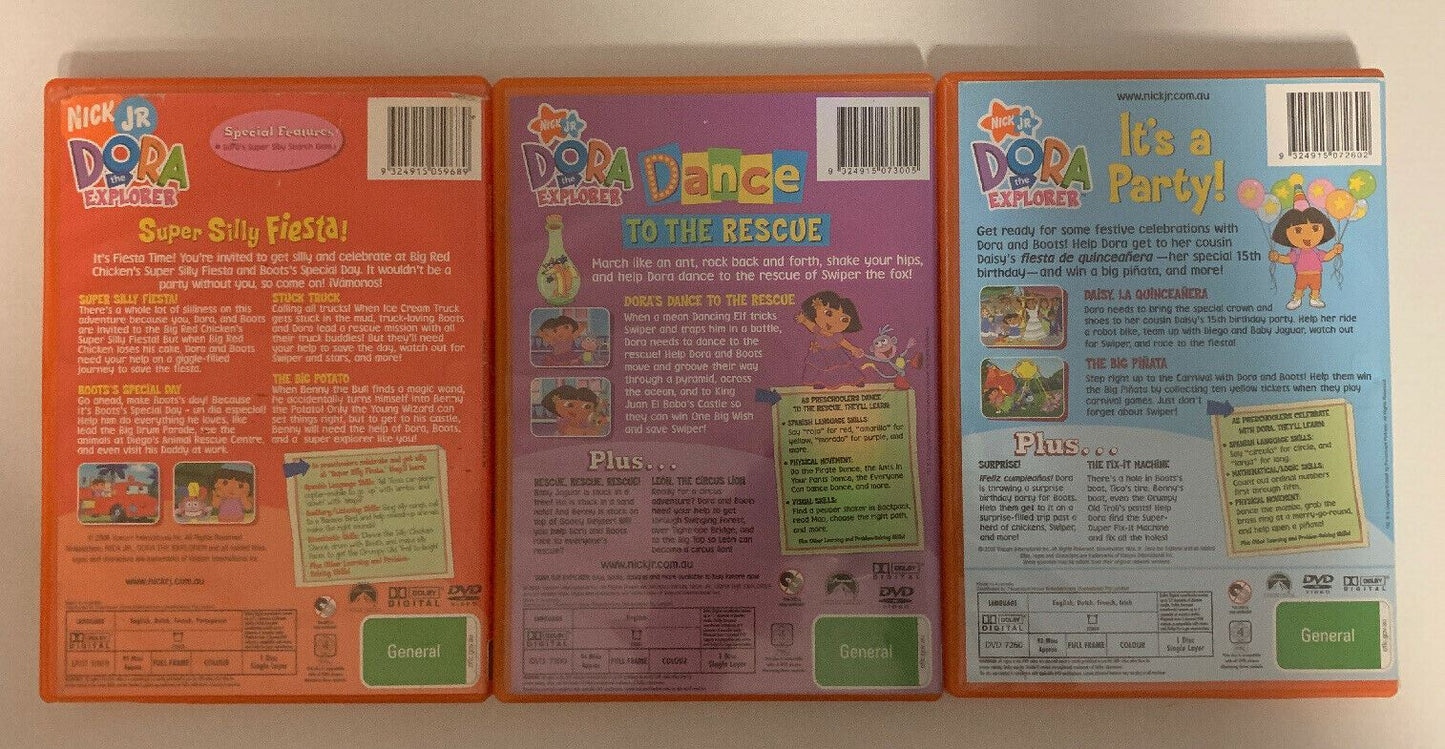 3x Dora The Explorer DVD - Dance To The Rescue, Super Silly Fiesta, It's a party