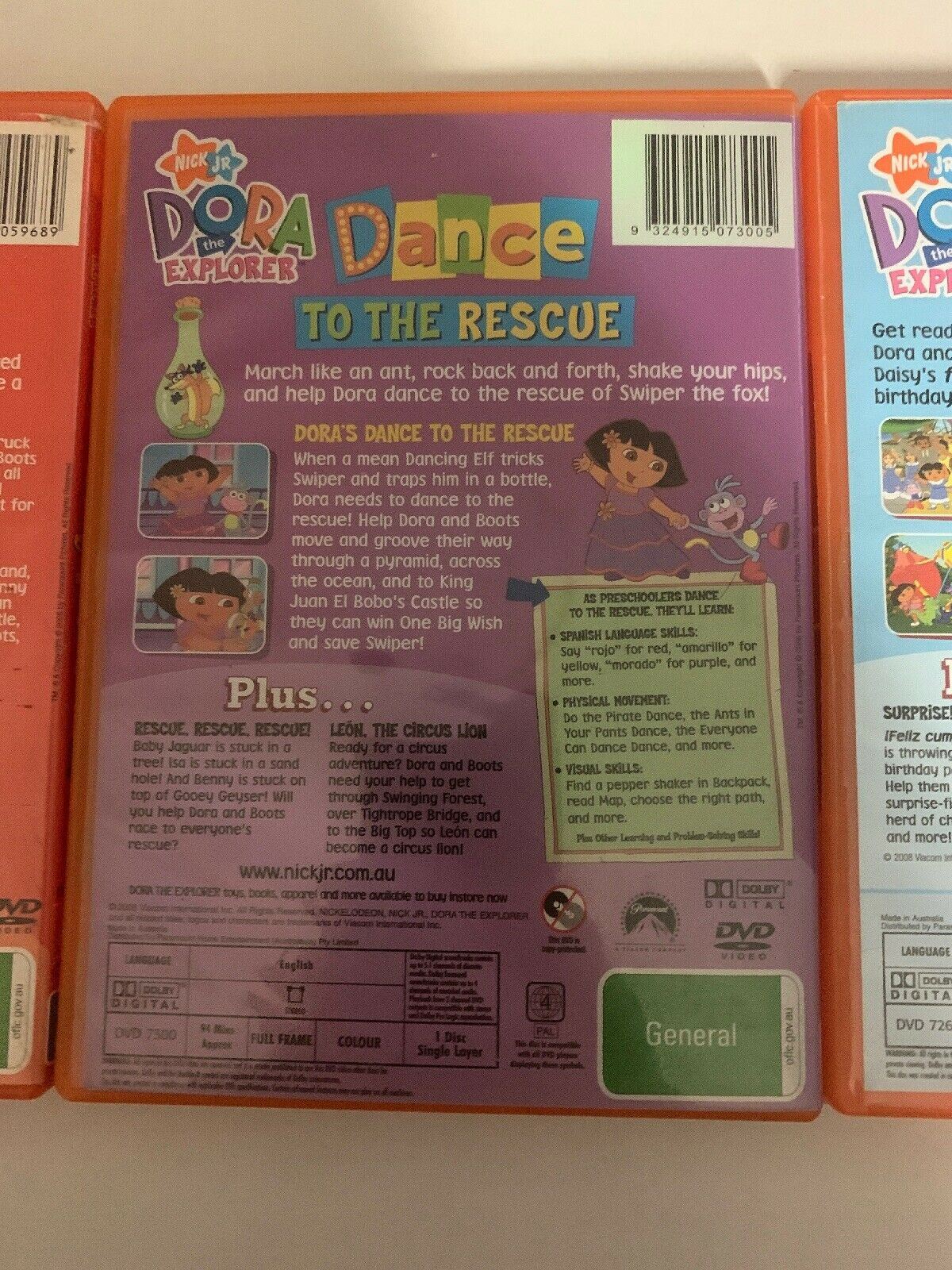 3x Dora The Explorer DVD - Dance To The Rescue, Super Silly Fiesta, It's a party
