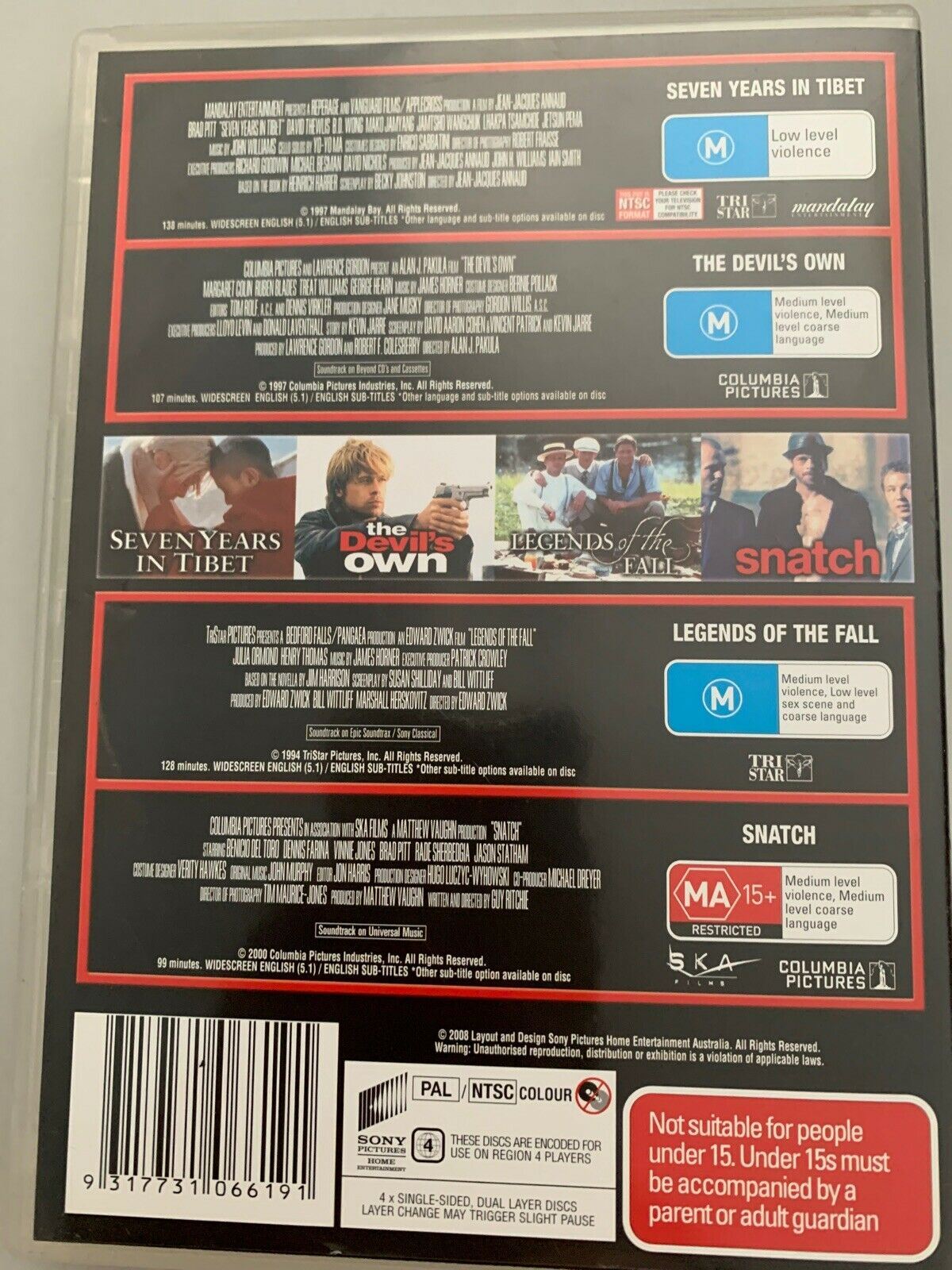 4 Movie DVD Brad Pitt Collector's Pack: Seven Years Tibet, The Devil's Own.....