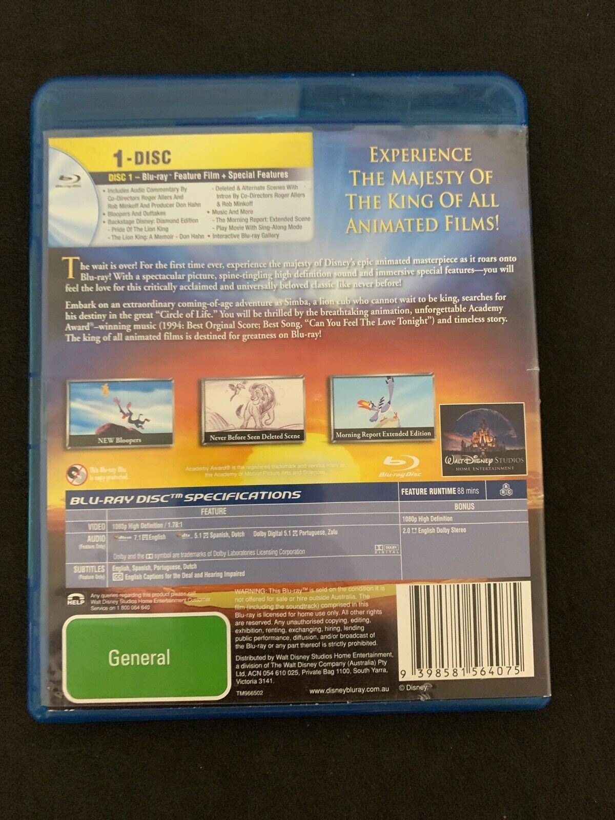 The Lion King - Diamond Edition (Blu-ray, 1994, 2-Disc Set) Region B