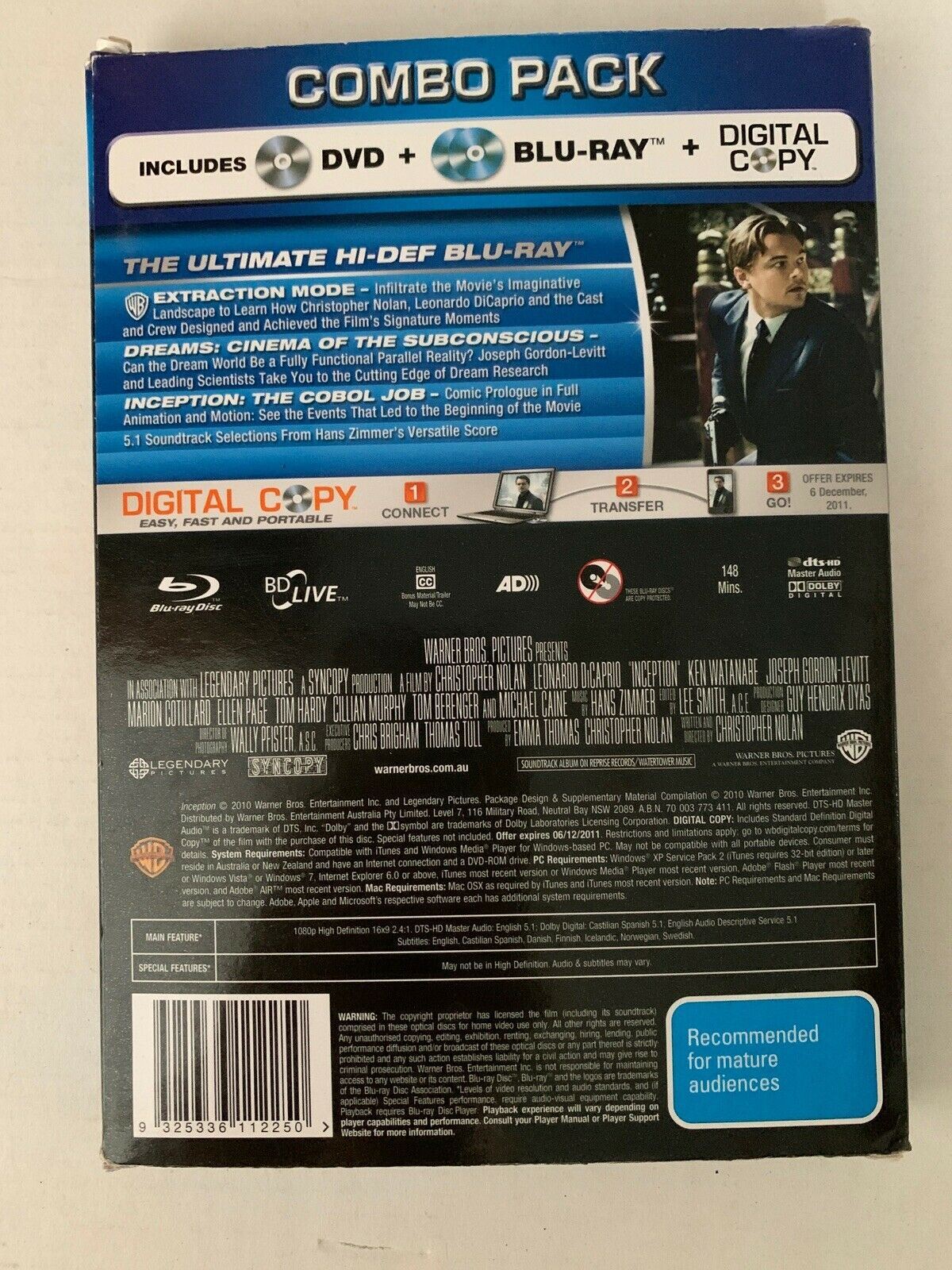 Inception - Combo Pack - Bluray, DVD & Digital Copy 4-Discs Set Region B