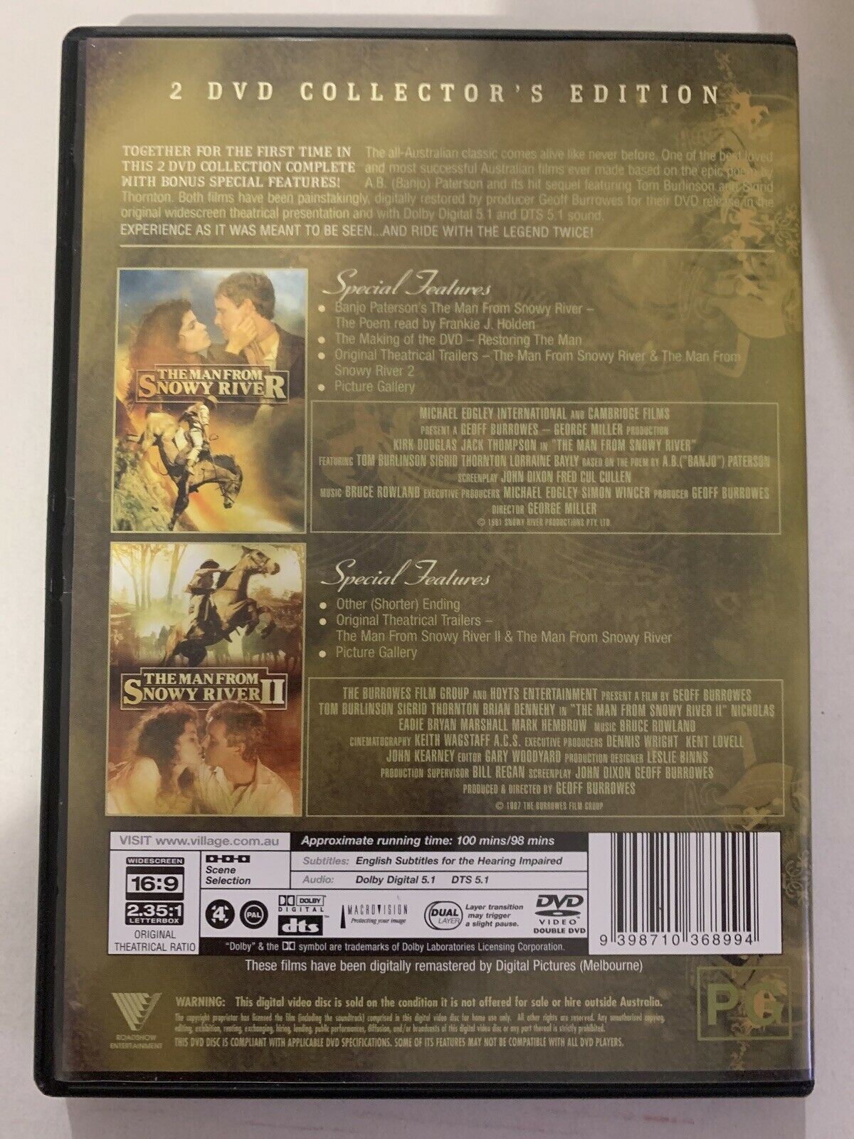 Man From Snowy River I & II - 2 DVD Collector's Edition (DVD, 1987) Region 4