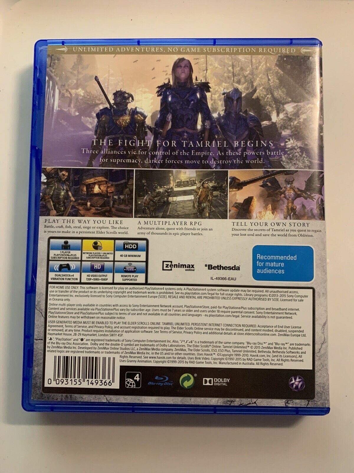 The Elder Scrolls Online: Tamriel Unlimited (Sony PS4 Playstation 4) with Manua