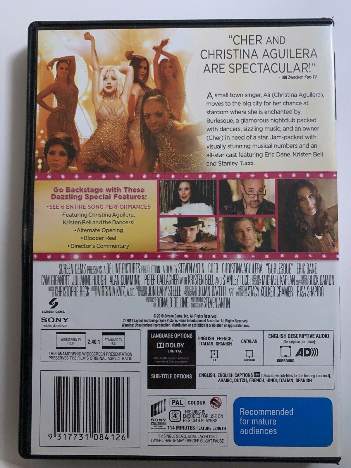 Burlesque (DVD, 2010) Cher, Christina Aguilera, Alan Cumming. Region 4