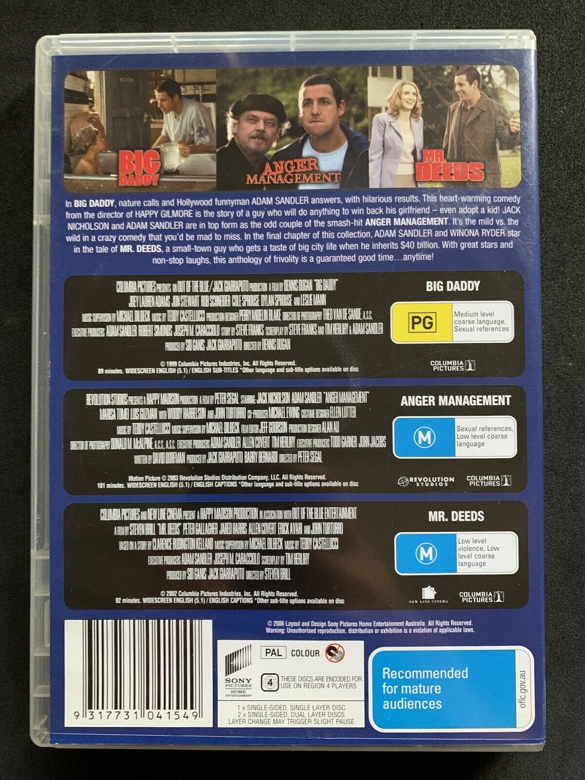 Adam Sandler Films: Big Daddy / Anger Management / Mr Deeds - DVD - Region 4