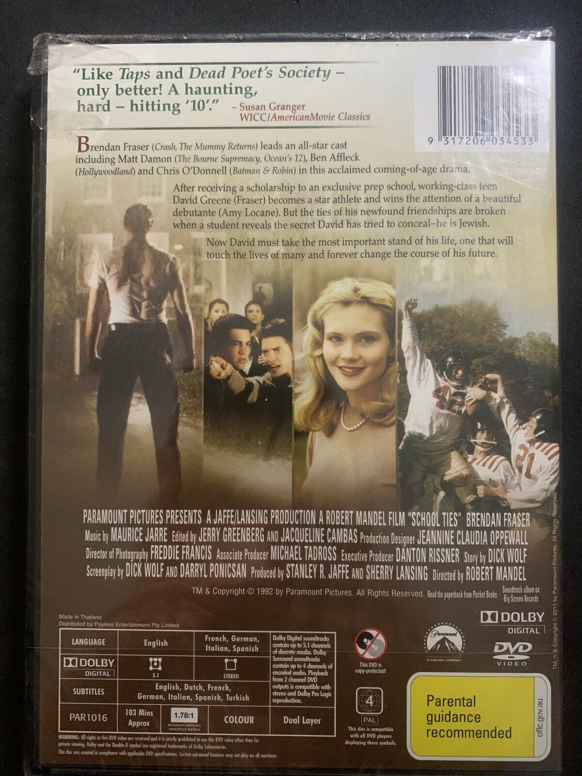 *New Sealed* School Ties (DVD, 1992) Brendan Fraser, Matt Damon. Region 4