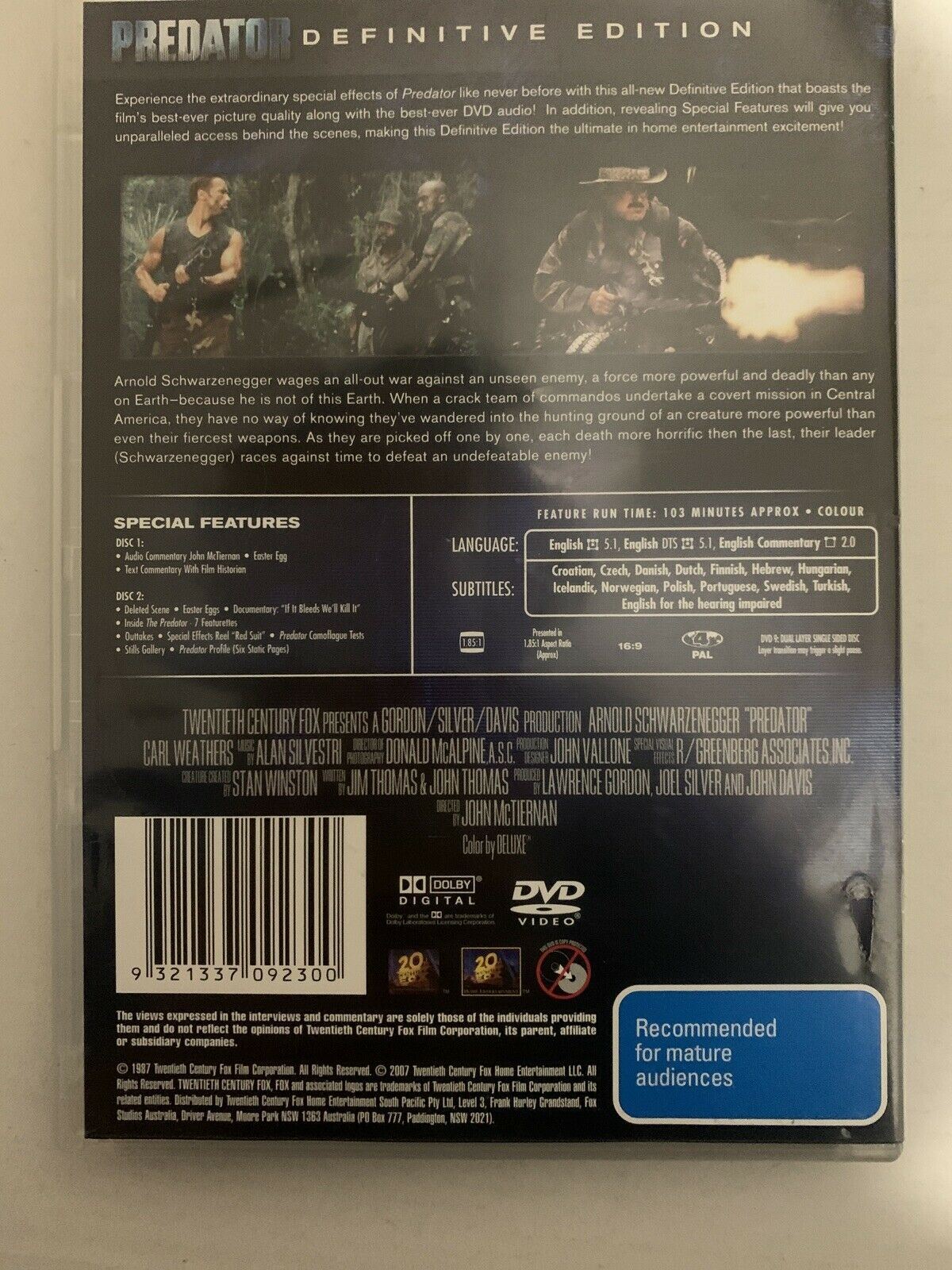 Predator - Definitive Edition (DVD, 1987, 2-Disc) Arnold Schwarzenegger Region 4