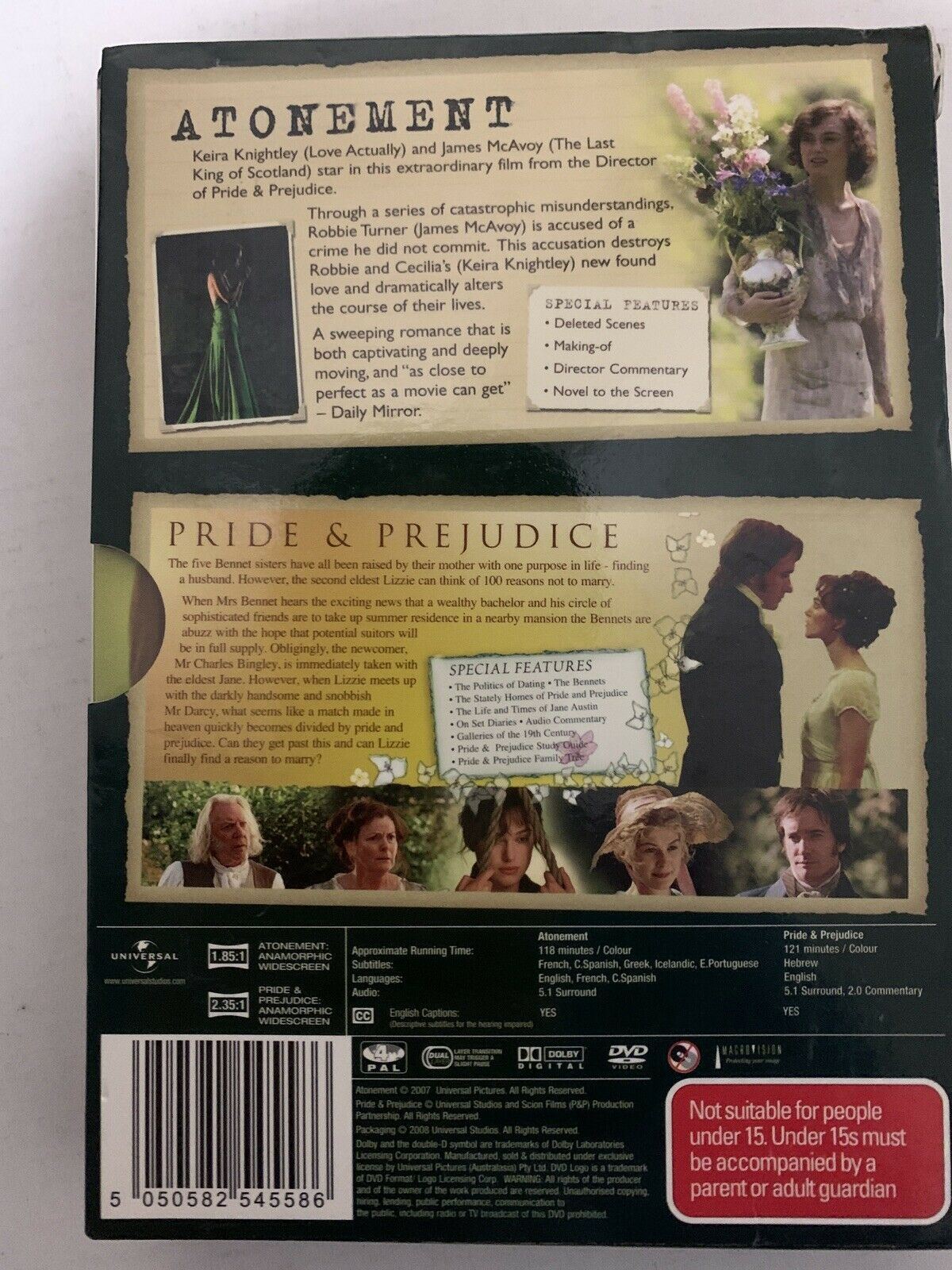 Atonement / Pride And Prejudice (DVD, 2008, 2-Disc Set) Keira Knightley Region4