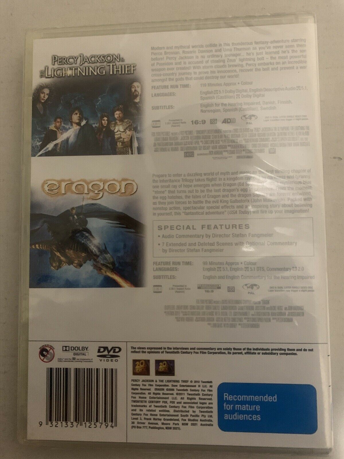 Percy Jackson & The Lightning Thief + Eragon (2 Disc) DVD Region 4