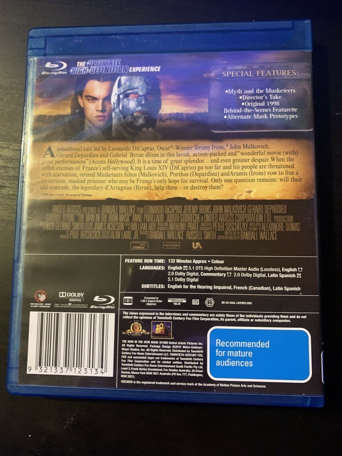The Man In The Iron Mask (Bluray, 1998) Leonardo DiCaprio. Region B