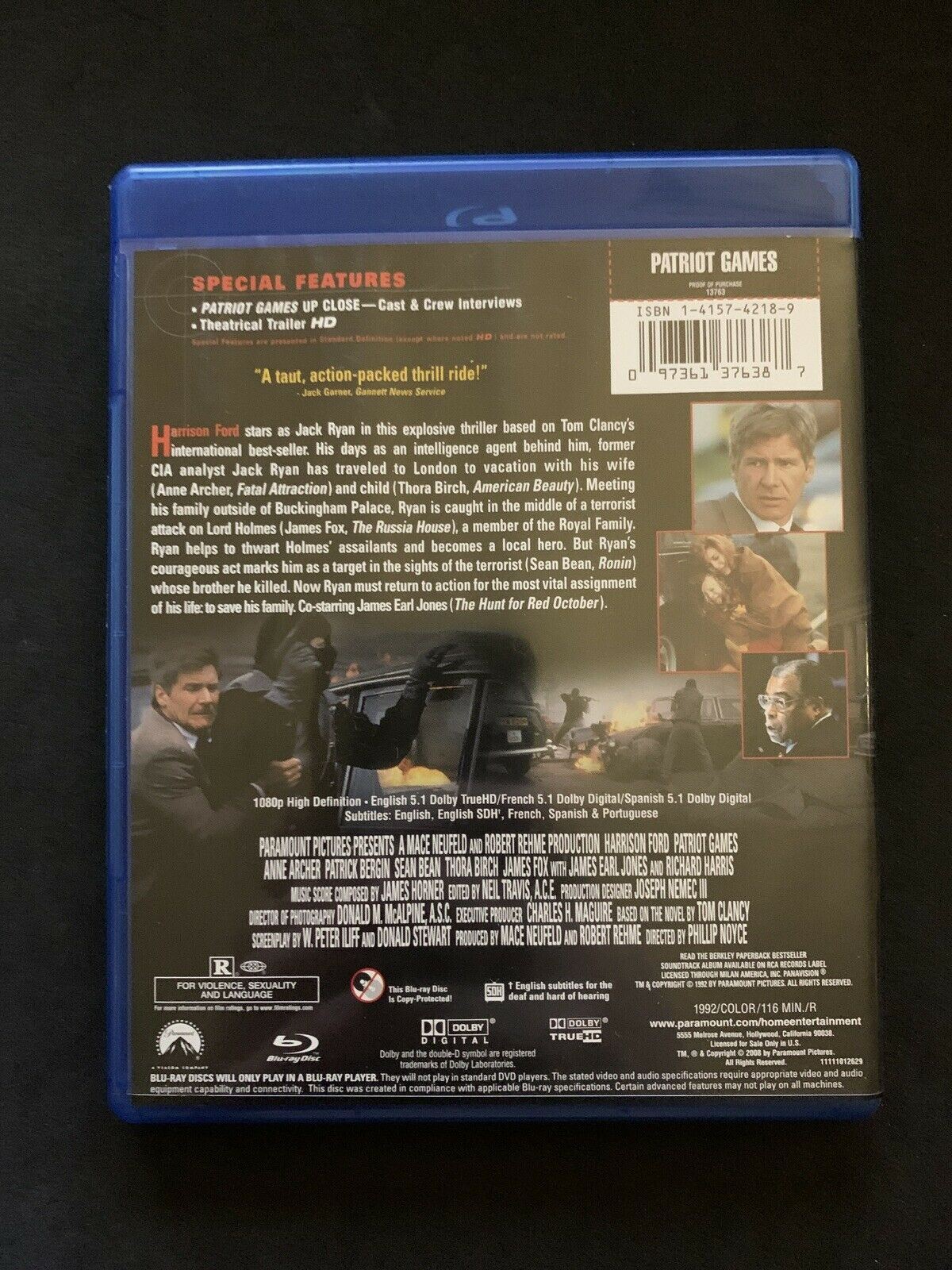 Patriot Games (Blu-ray, 1992) Harrison Ford, Sean Bean, Samuel L. Jackson