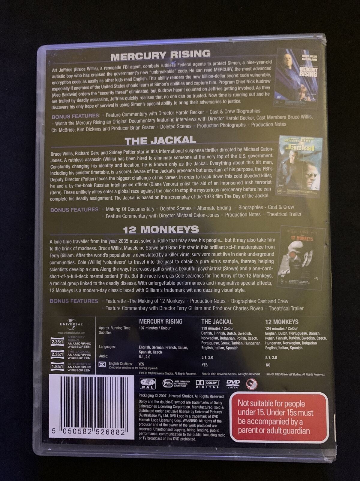 Bruce Willis Icon Collection: Mercury Rising, The Jackal, 12 Monkeys  (3x DVD)