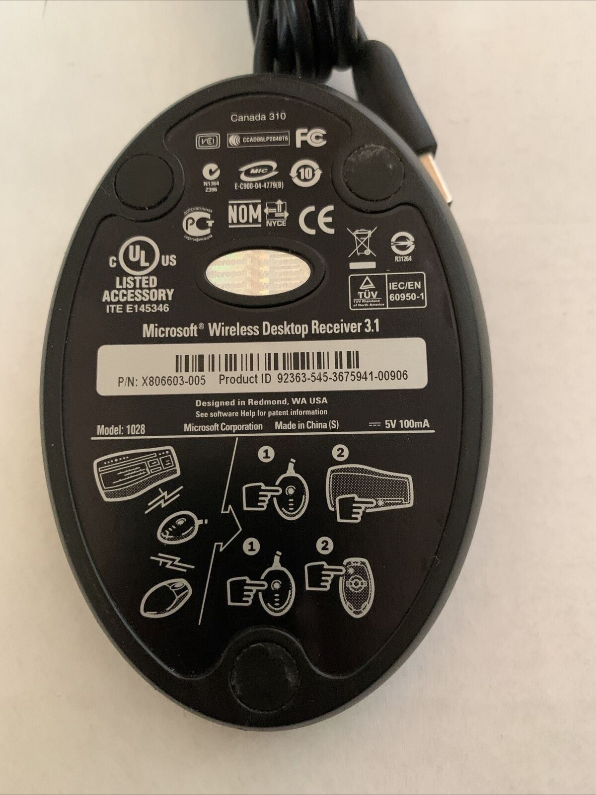MICROSOFT Wireless Desktop Receiver 3.1A Model 1028 for Mouse & Keyboard