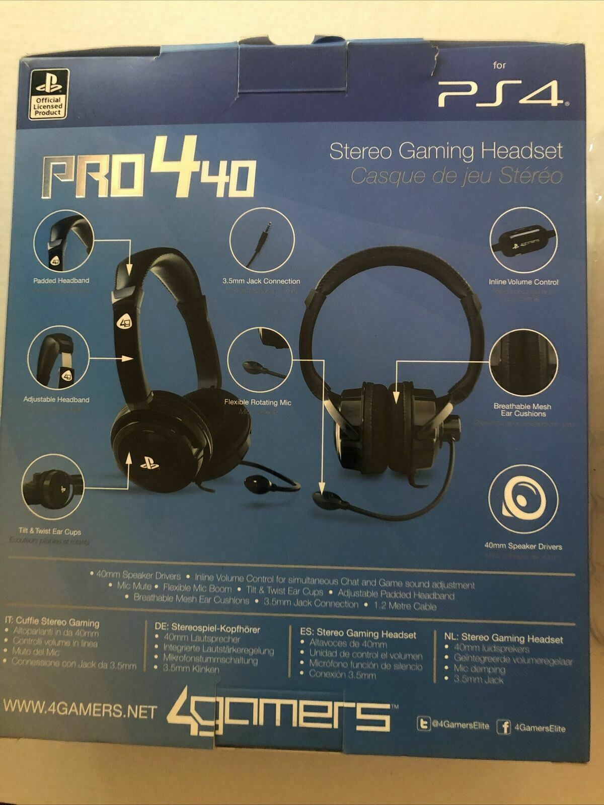 4Gamers PRO4-40 Wired Stereo Gaming Headset PS4 Gaming Headphones Mic 3.5mm