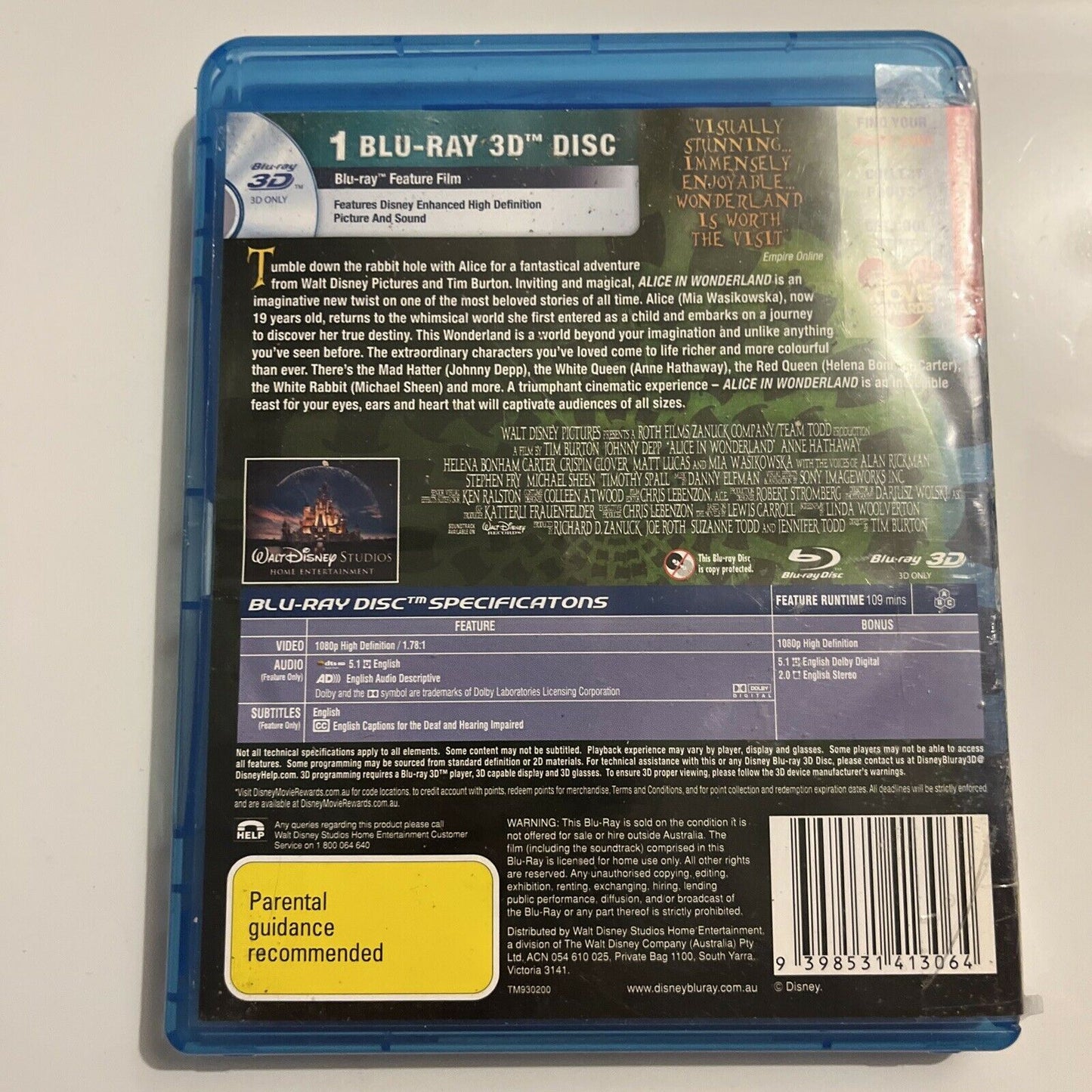 Alice In Wonderland 3D (Bluray 3D, 2010) Johnny Depp, Mia Wasikowska All Regions