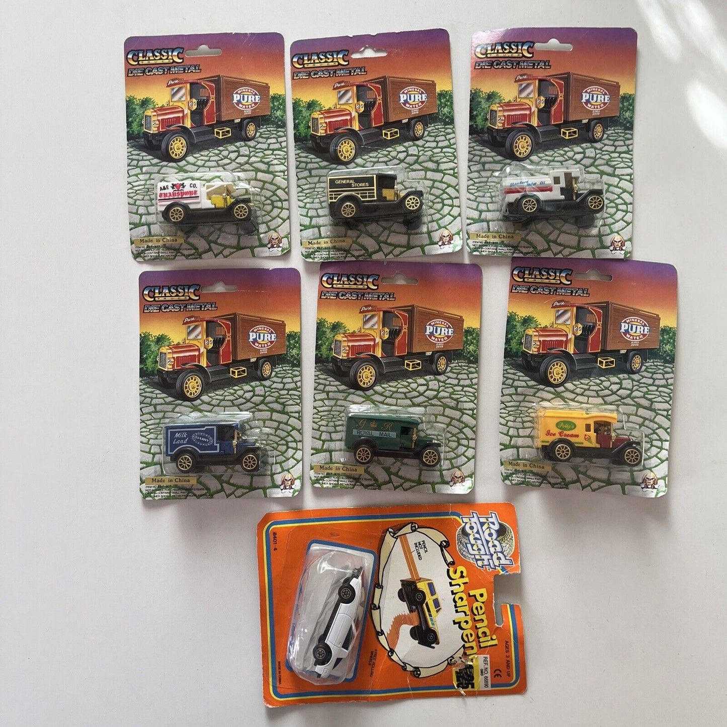 6x Classic Truck Die Cast Metal Trucks and Pencil Sharpener
