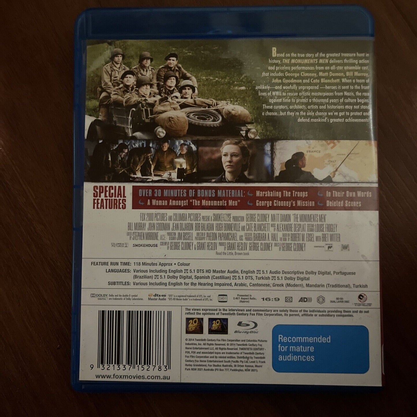 The Monuments Men (Blu-ray, 2014) George Clooney, Matt Damon, Region B