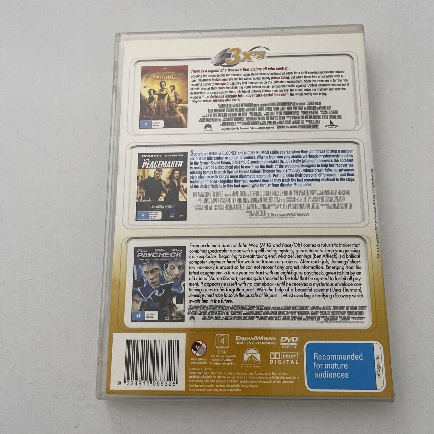 Sahara / The Peacemaker / Paycheck (DVD, 2005, 3-Disc) Region 4