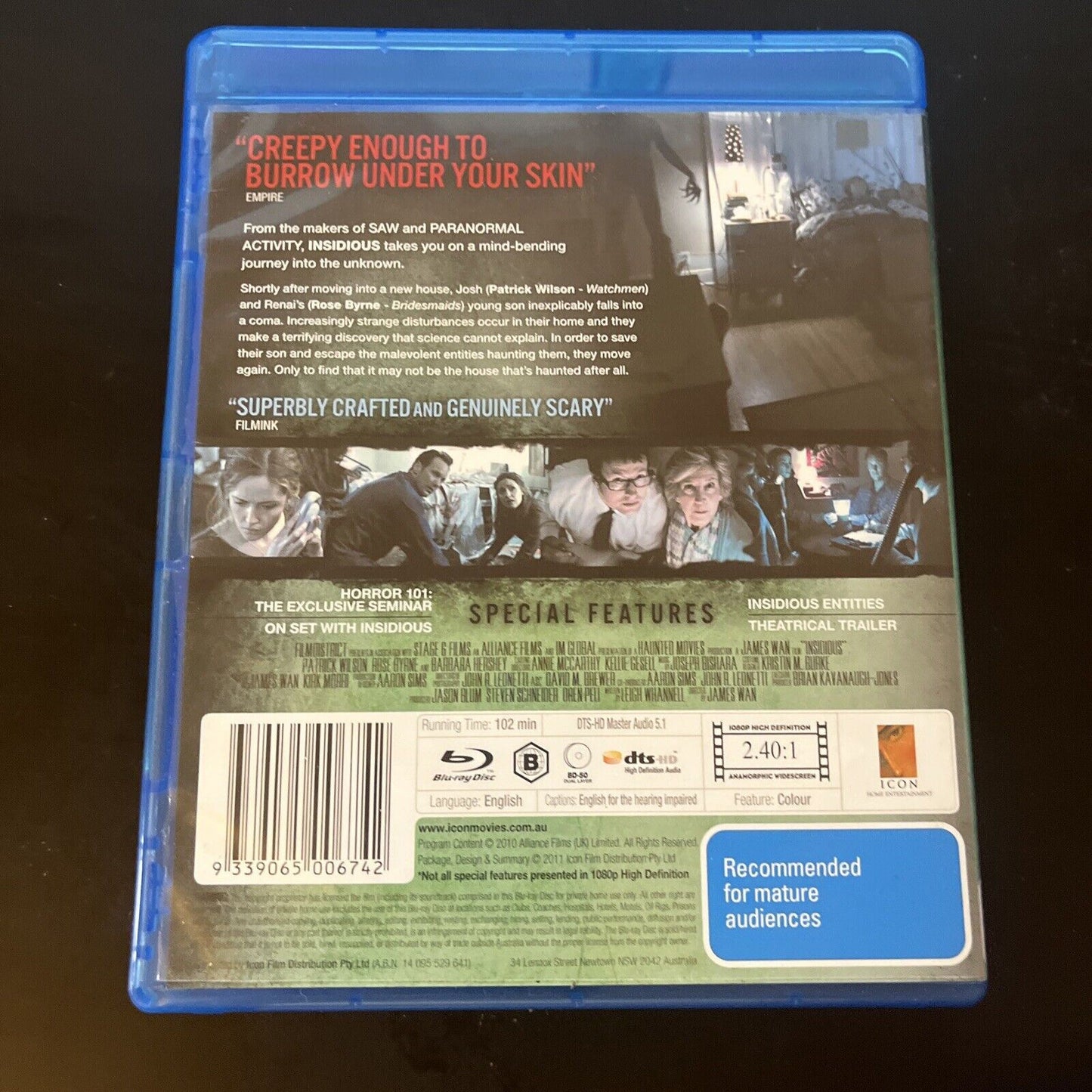 Insidious (Blu-ray, 2010) Patrick Wilson, Rose Byrne, Ty Simpkins NEW Region B
