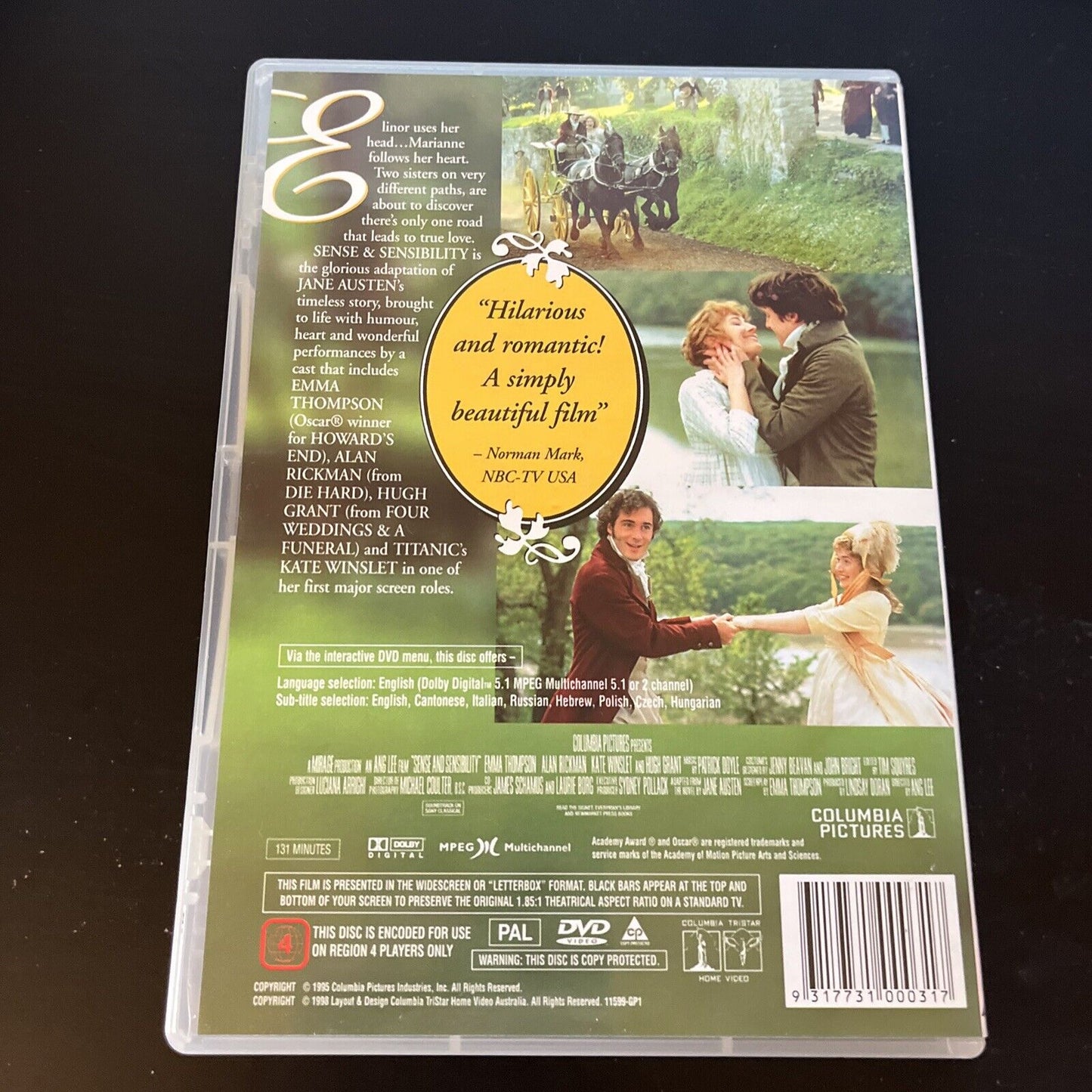 Sense And Sensibility (DVD, 1995) Hugh Grant, Emma Thompson, Region 4