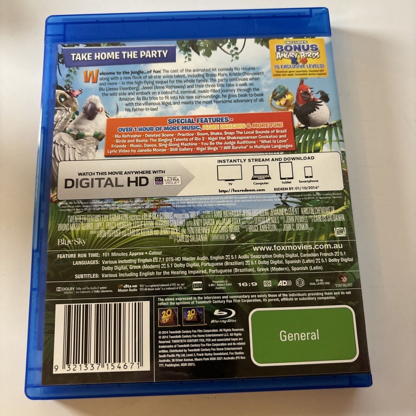 Rio 2 (Blu-ray, 2014) Jamie Foxx, Andy Garcia, Jesse Eisenberg Region B