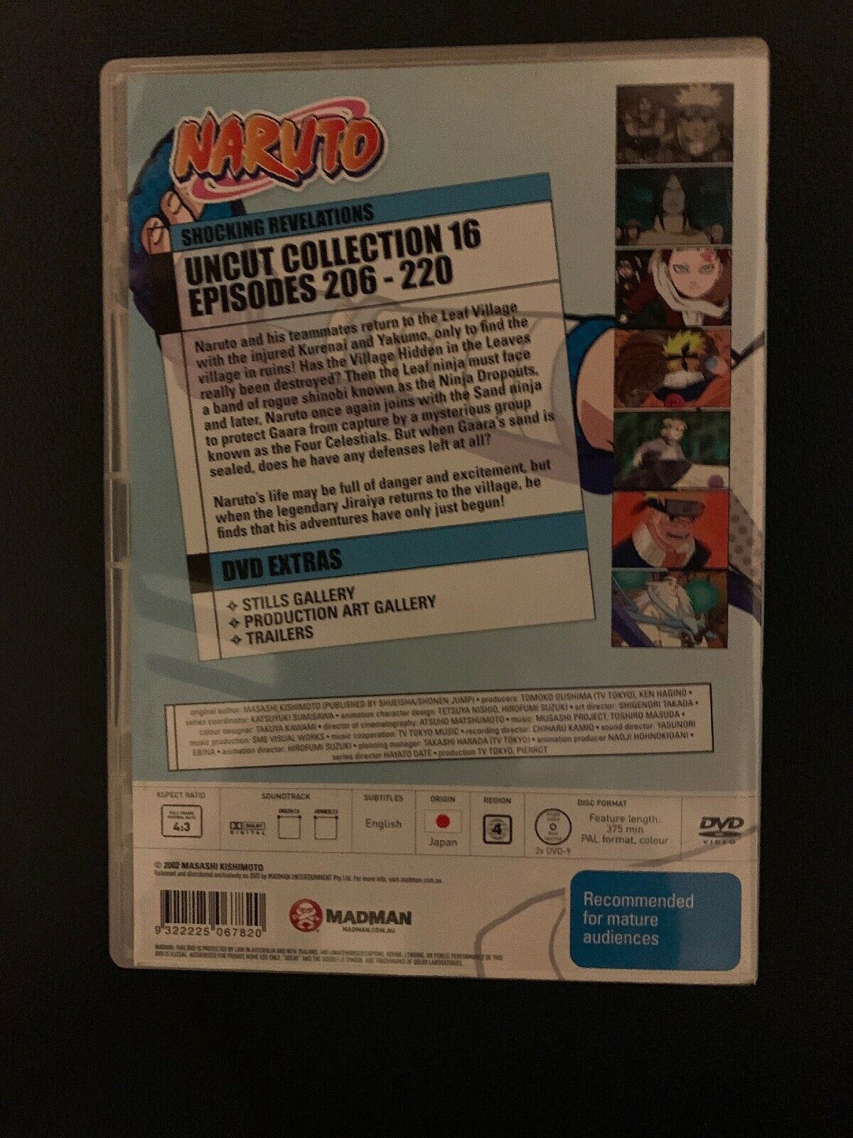 Naruto Uncut : Collection 16 : Eps 206-220 (DVD, 2010, 2-Disc Set) Region 4