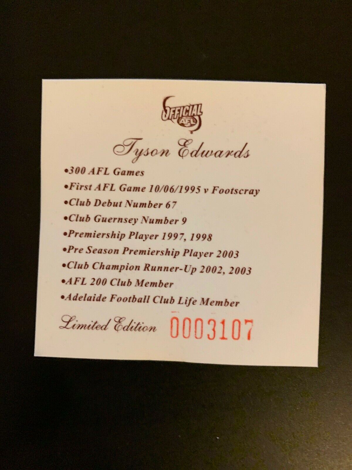Adelaide Crows Tyson Edwards 300 AFL Games Commemorating Medal