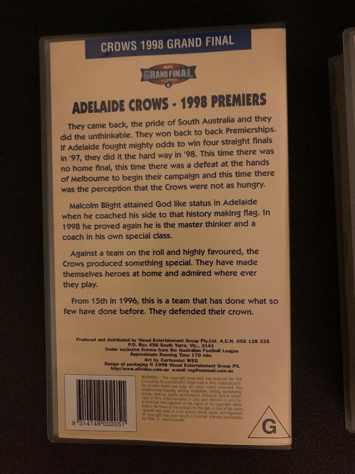 Adelaide Crows Grand Final 1997 & 1998 Premiers VHS PAL