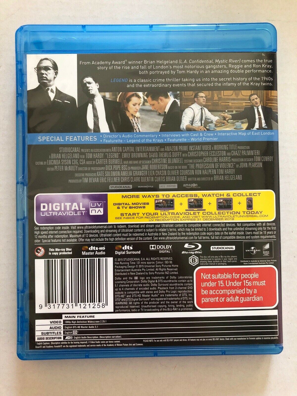 Legend (Blu-ray, 2015) Region B - Tom Hardy, Emily Browning - Gangster Film