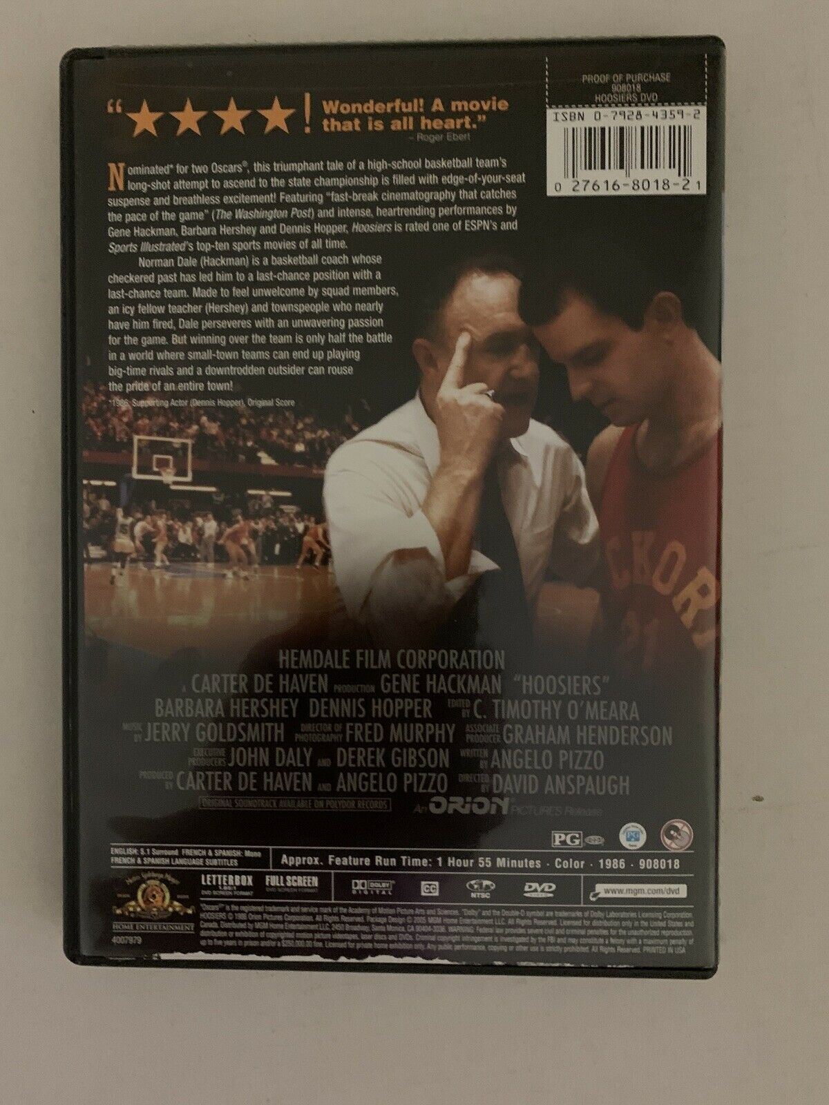 Hoosiers (DVD, 1986) Gene Hackman, Dennis Hopper. Region 1