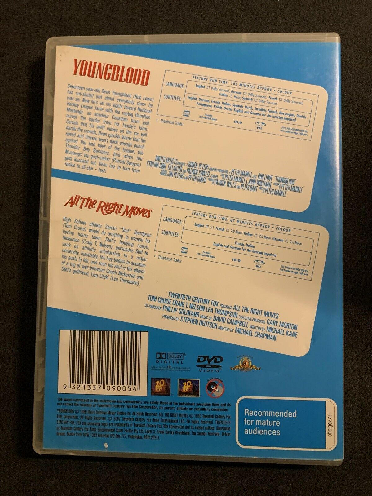 Youngblood + All The Right Moves (DVD, 1983) Tom Cruise, Patrick Swayze Region 4