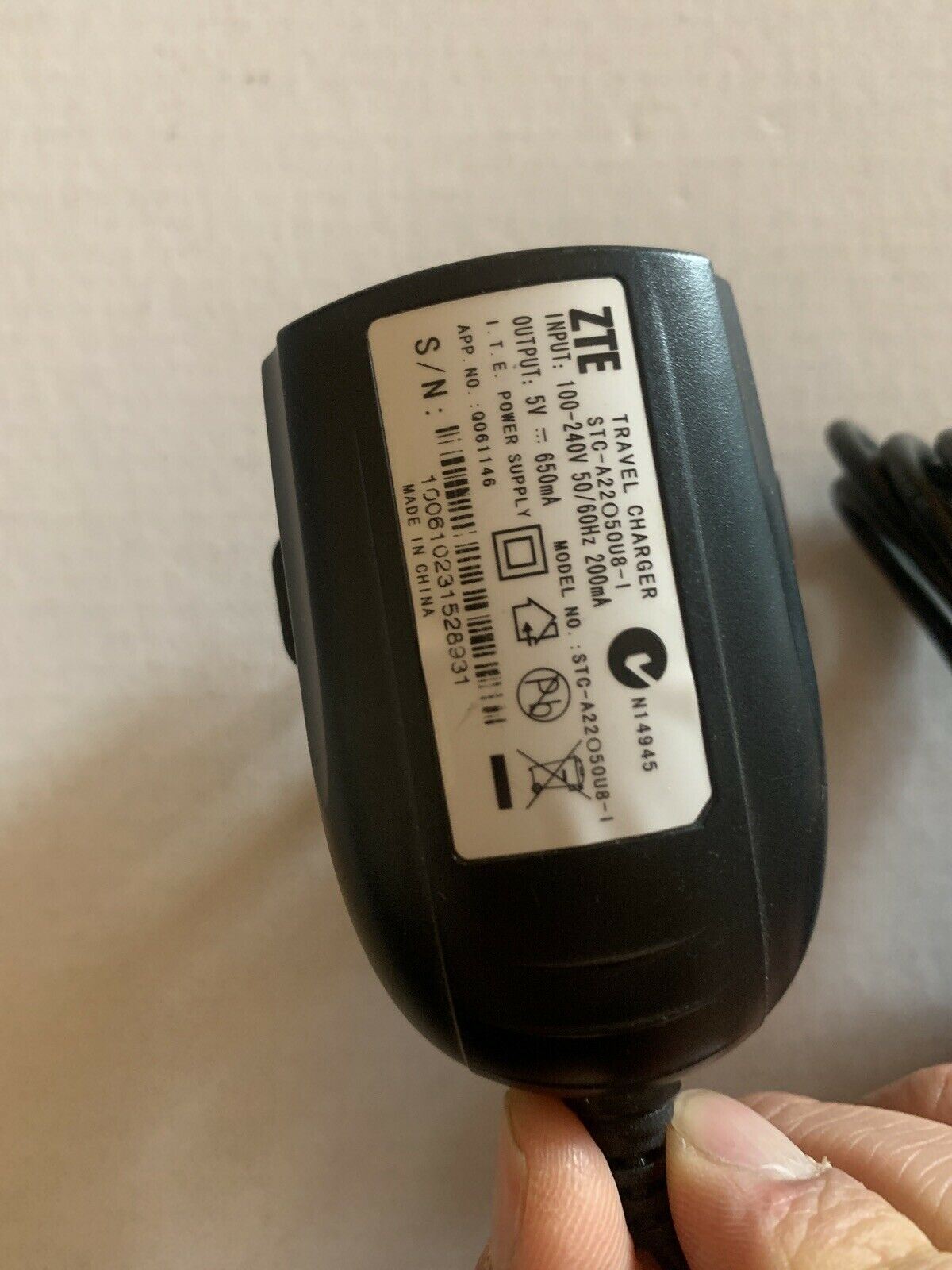 Genuine ZTE STC-A22O50U8-I Travel Charger 5V 650mA