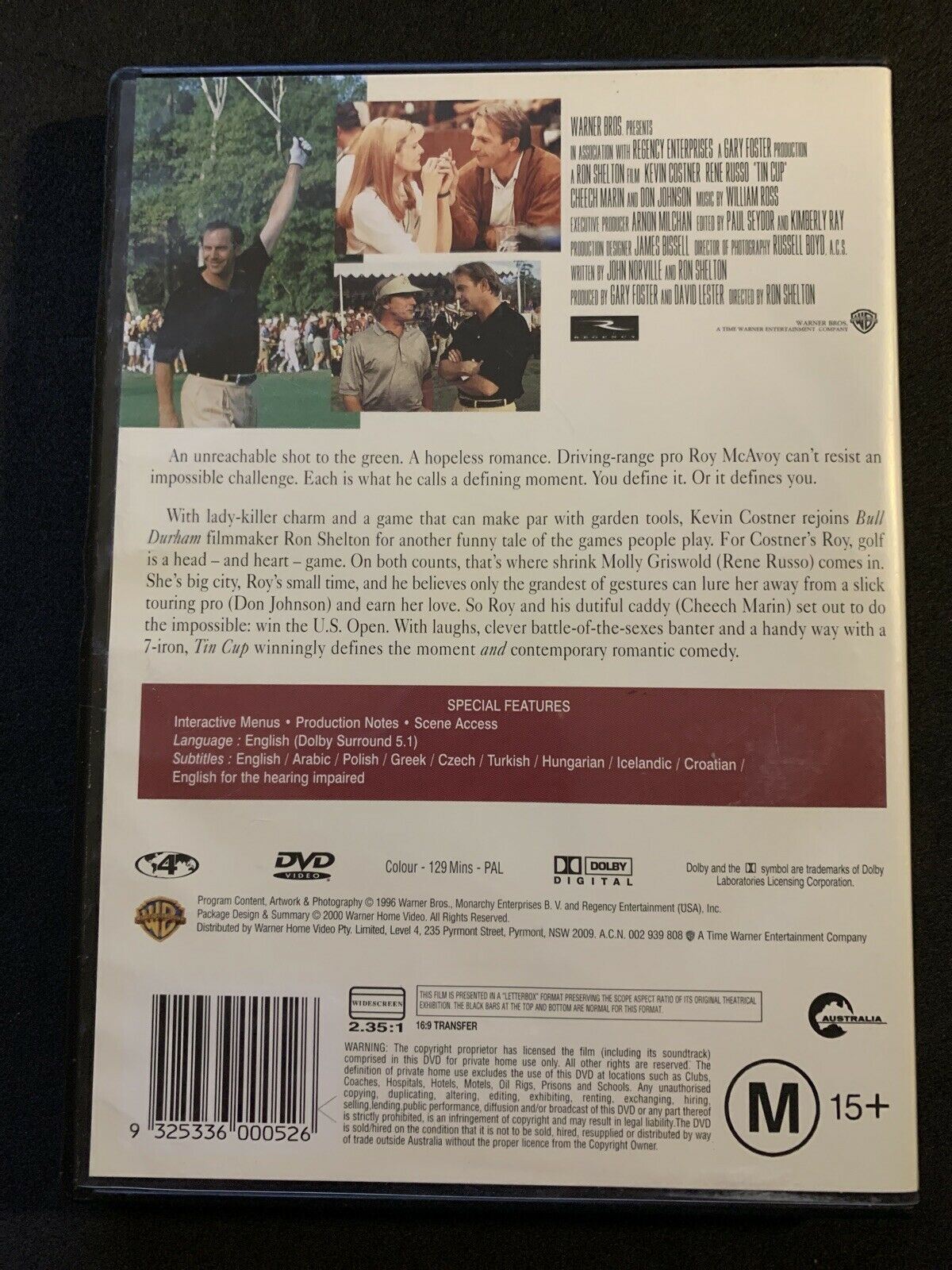 Tin Cup (DVD, 1996) Kevin Costner, Rene Russo. Region 4